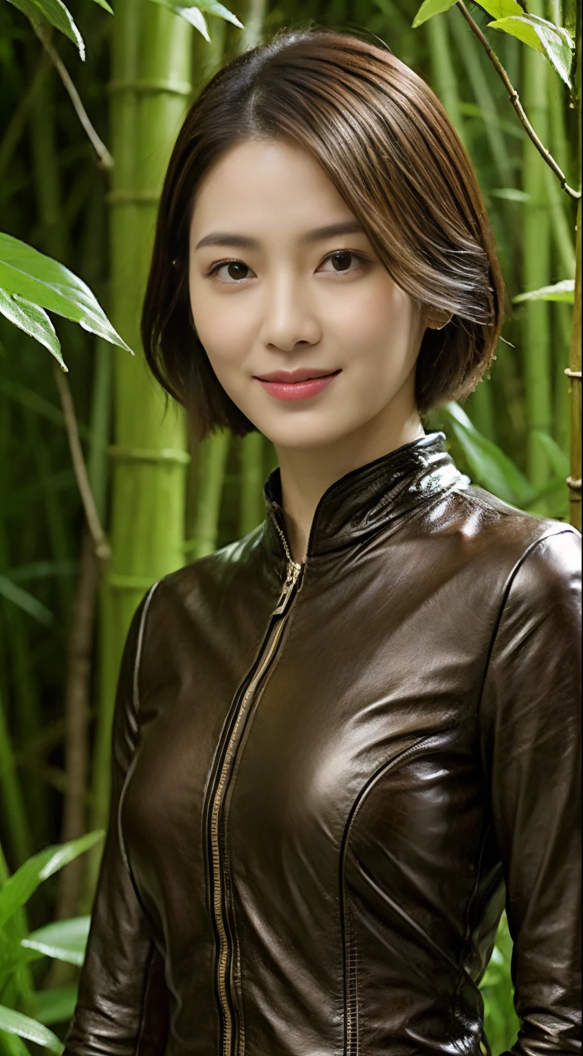 The highest image quality、超高分辨率、1 girlirl，short detailed hair、exquisite and beautiful face、Wearing a leather long-sleeved robot suit、bamboo forest background