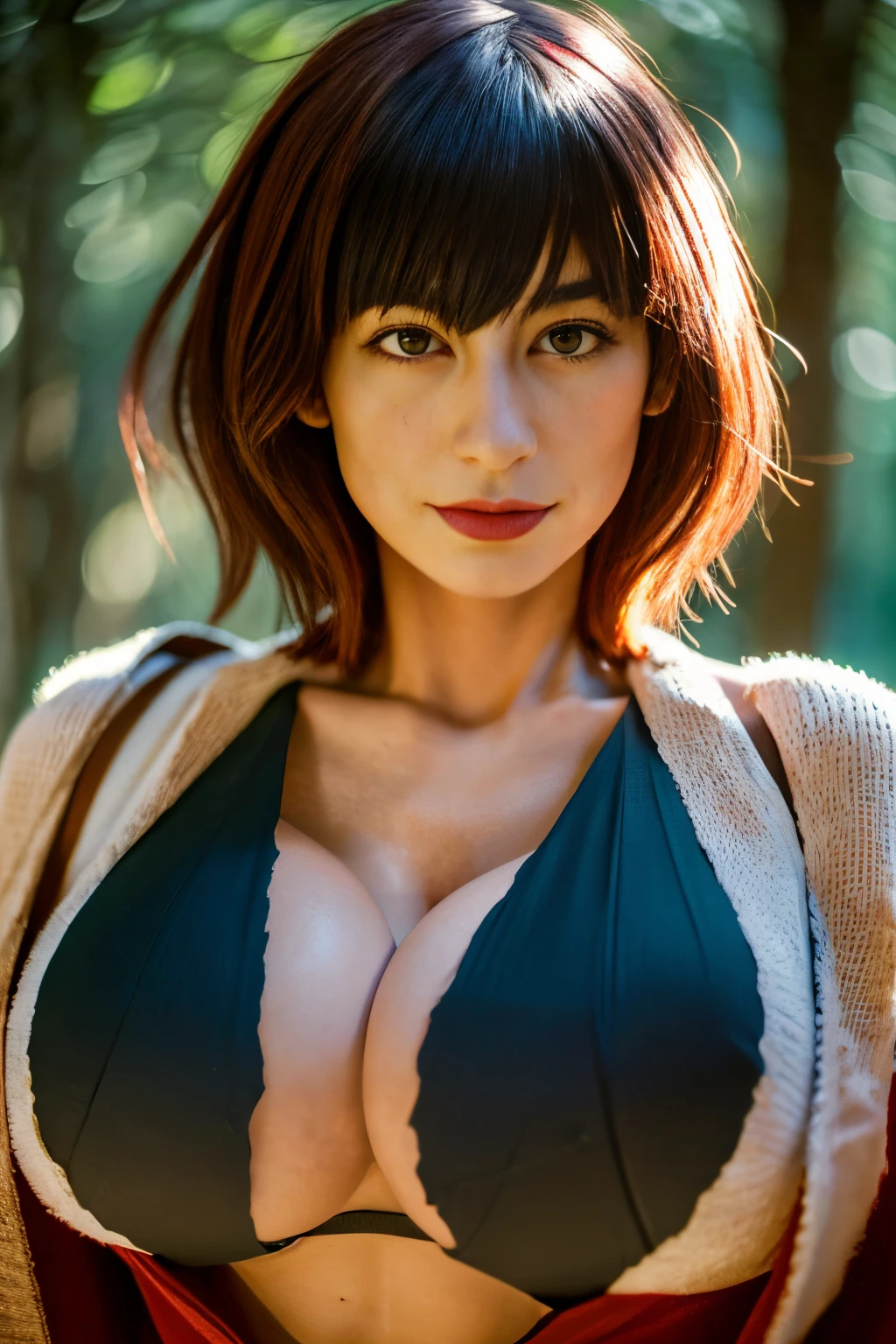 Beautiful realistic Japan person, (Colossal tits:1.6), Immortal appearance,, Sexy Beauty, modern day,(dark  forest,mont)，Red clothes，role-playing using, Short hair, (​masterpiece:1.5, hightquality, Top image quality, hight resolution), Textured skin, high details, moderu,in 8K,