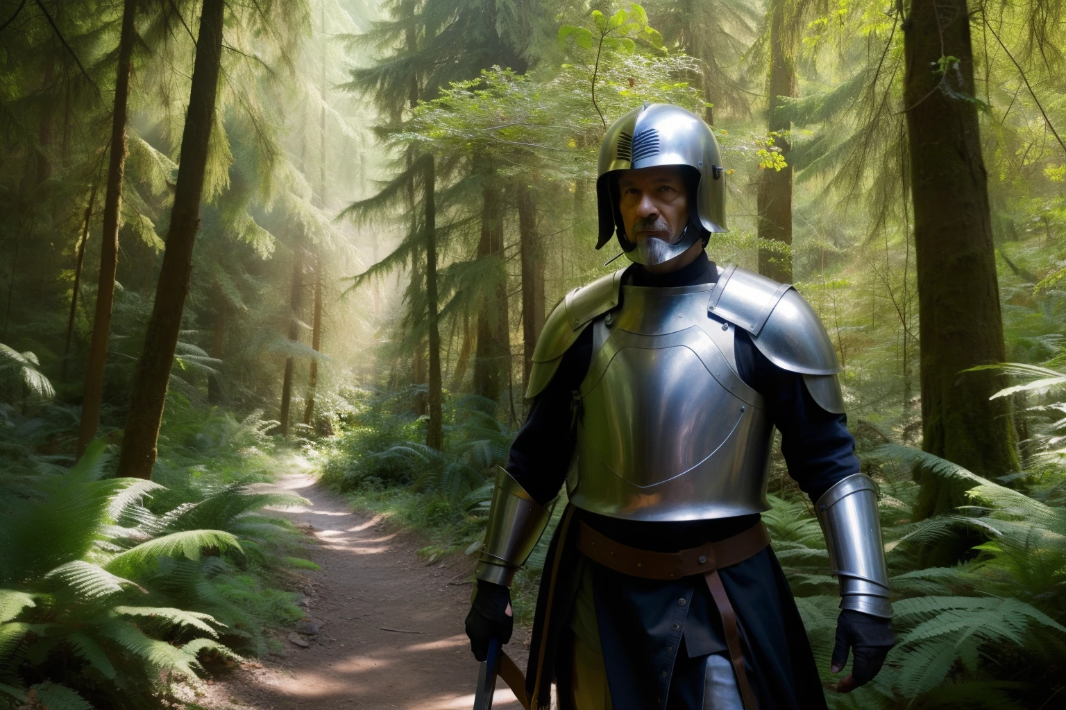 Male 60 years old, in helmet and armor, in a forest glade, holding sword in hand