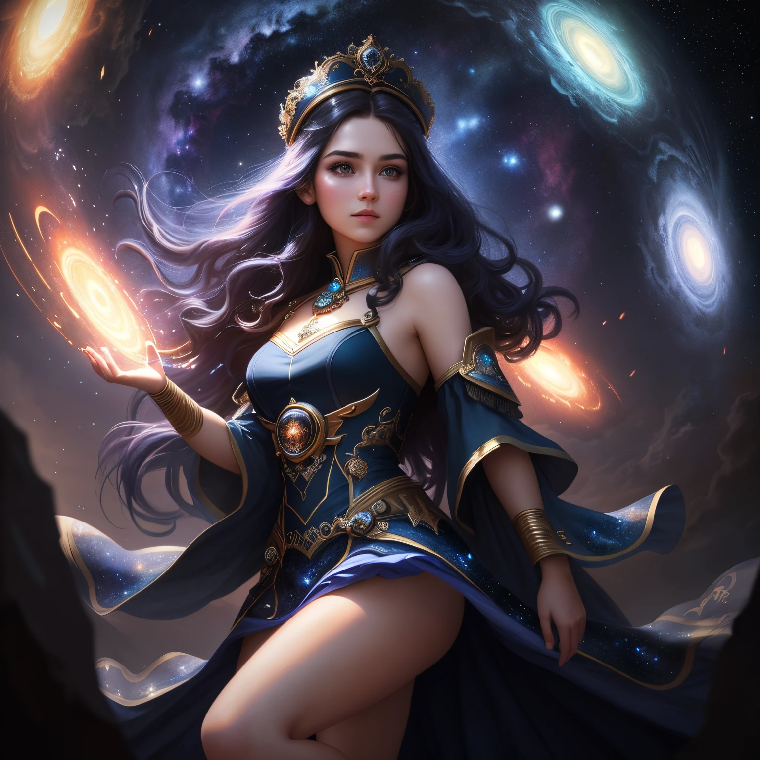 goddess of witchcraft and magic, with ((black hair)) and ((dark eyes)), is fair-skinned, wears a ((black)) greek toga with golden pattern, holding a torch, ancient greek temple and stary night sky in background, Greek mythology, mysterious, photorealistic, super high quality, super detail, ultra accurate description of hands, masterpiece, 8K, HDR