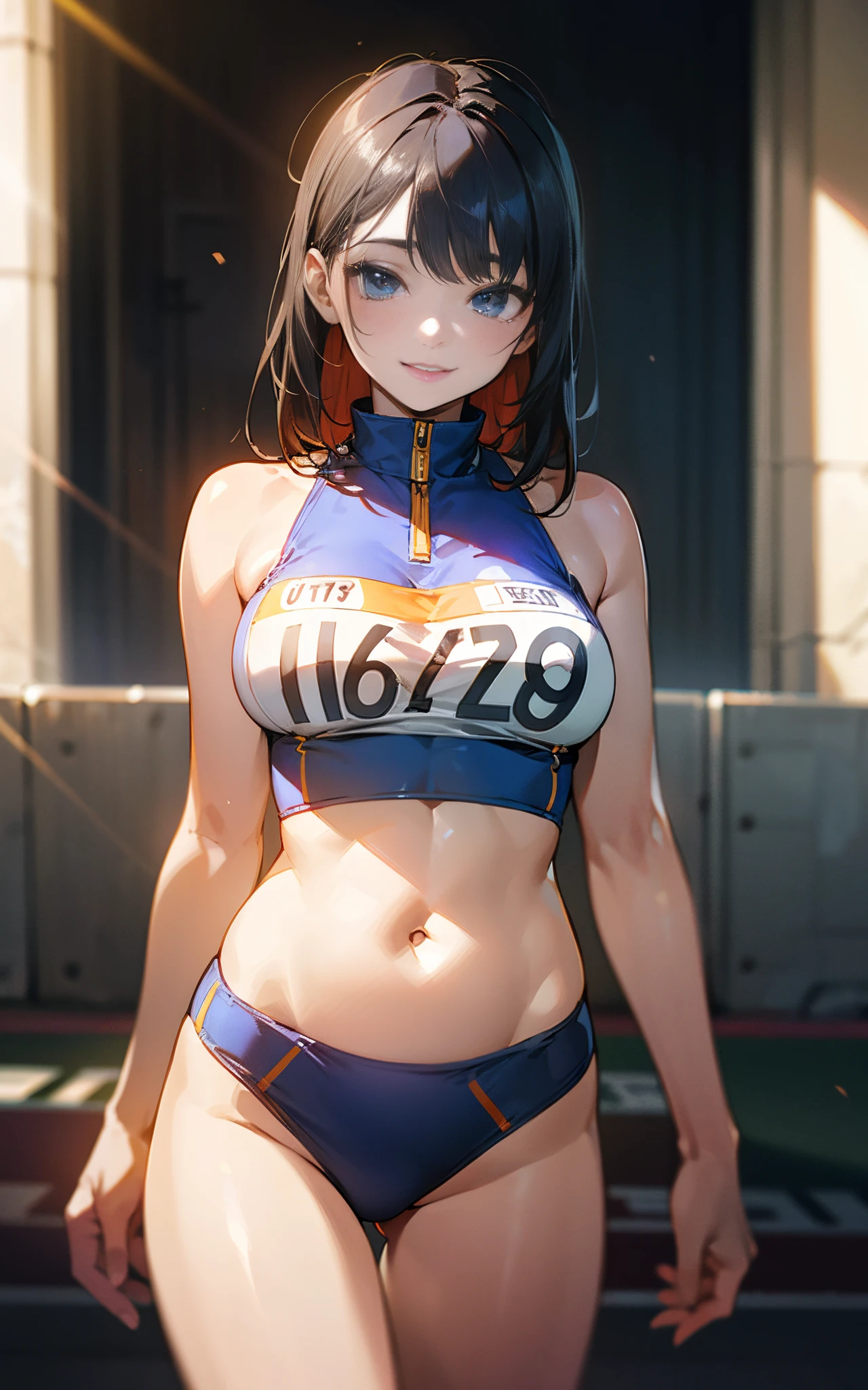 (Original Character、Unity 16K Wallpaper, Masterpiece, Best Quality, Ultra-Detailed, Extremely Detailed CG, Caustics, Cinematic Lighting, Detailed, Beautiful Detailed Eyes, solo), Ultra High Resolution, fine skin, (track and field:1.2) 、(strong light)、oily skin,smile , from front:1.2、(sexy women)、Arena、full body shot、separate、racing bloomers、show off belly,show off neck,sunny day