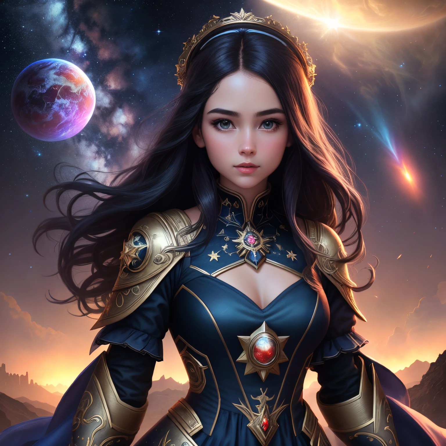 1 mature woman, {{{long black hair}}}, {{{Ice blue eyes}}}, red royal dress under a chest plate of armor, cold smile, colourful flower bontanic garden, starry night sky, {best quality.}, {highreaasterpiece.}, {{{medium close up.}}}, {facing viewer}
