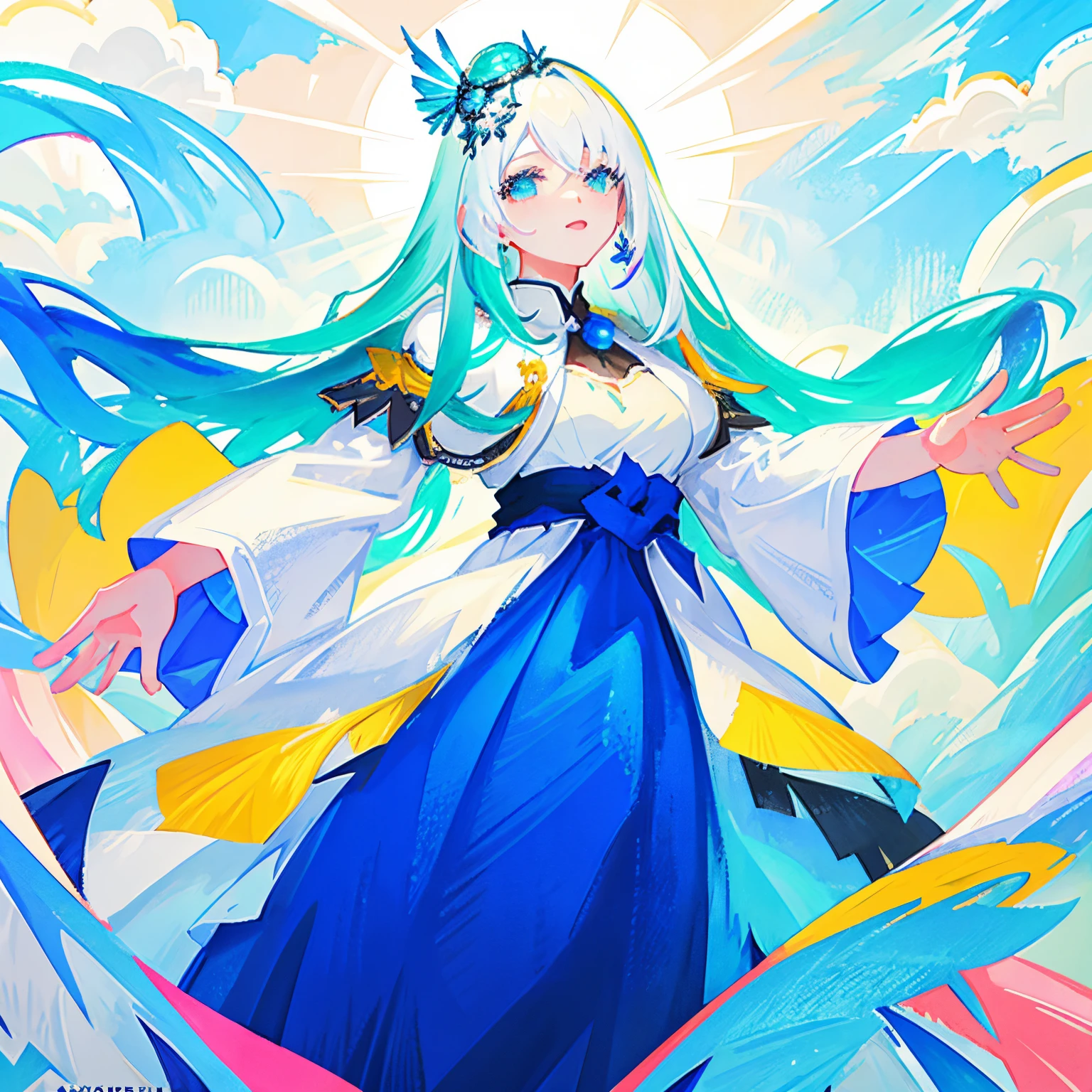anime - style image of a woman in a blue dress with white hair and a bird, pixiv contest winner, anime goddess, trending on artstation pixiv, zerochan art, digital art on pixiv, pixiv, high detailed official artwork, as a mystical valkyrie, ((a beautiful fantasy empress)), official art, from arknights, official character art