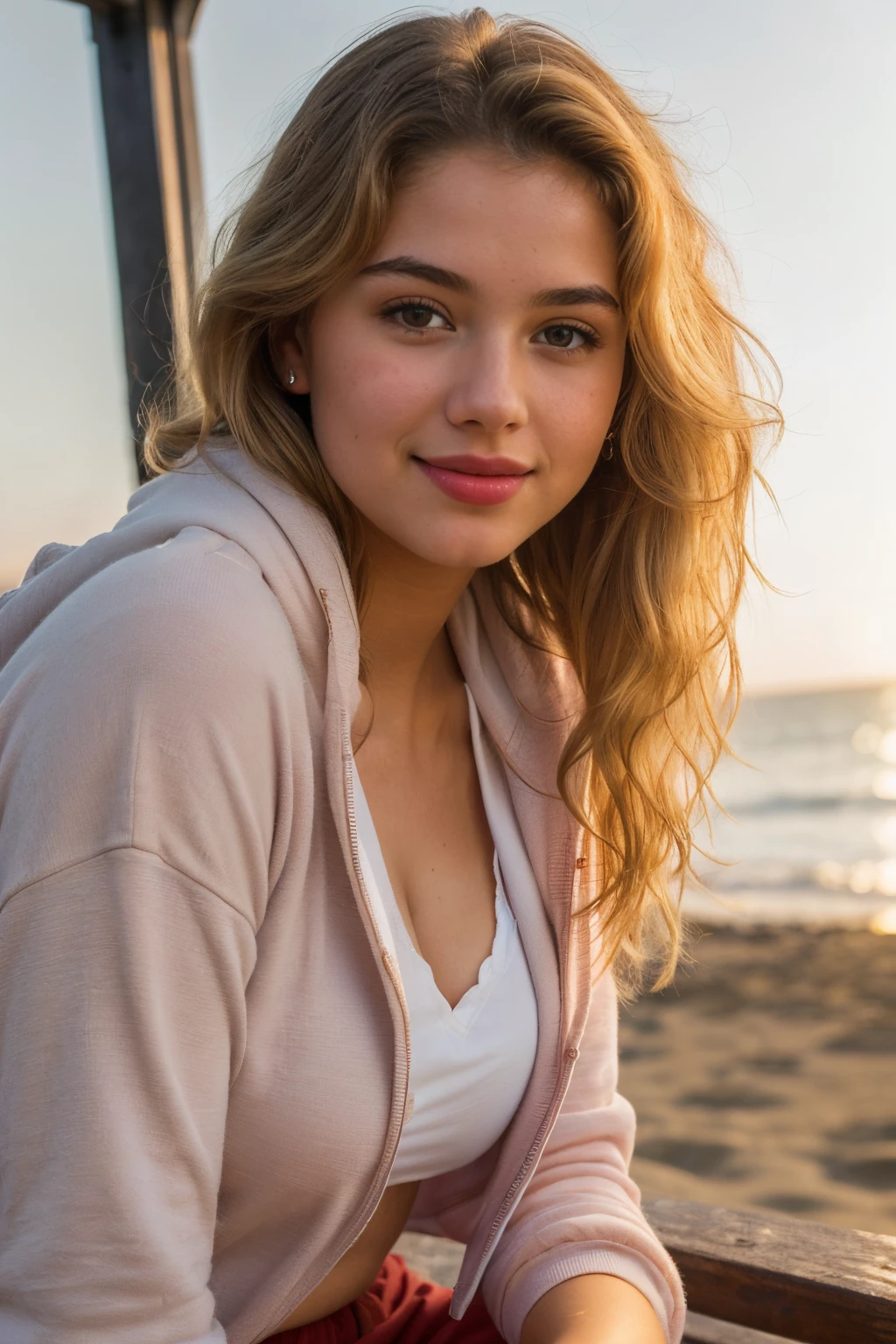 ((best quality)), ((masterpiece)), (detailed), (a full photograph of a beautiful -yeld gi (Smiling:0.5), (Highly detailed face:1.4), ass pov, Nikon D850, film stock photograph, 4 Kodak Portra 400, camera f1.6 lens, saturated colors, hyper realistic, lifelike texture, dramatic lighting, Cinestill 800, Vintage lighting, Medium curly hair, perfect face , (masterpiece, low angle wide-shot, high quality), (full-body portrait:1.1), solo, hanging in a beautiful beach with sunset, sitting in a cafe, hand is in her hair pose, blonde hair, brown eyes, red lipstick, red eye shadow, blush, ( blonde hair:1.3), (indian_american, 18 years old:1.3), sexy, pure innocence, (light smile:1:1), in love, red cargo pants with white hoodie, deep cleavage, huge breast, huge behind, detailed natural skin texture, seductive gaze, detailed lighting, (wine Red:1.1) , shallow depth of field, romantic sitting, dreamy pastel palette, whimsical details, captured on film, (intricate details:0.5), Her skin is a flawless deep honey, exuding a natural glow, photorealisticwoman, flower dress, colorful, darl background, Romance_Fantasy theme, exposure blend, full shot, bokeh, (hdr:1.4), high contrast, (muted colors, vibrant colors, soothing tones:1.3), low saturation , crowded place , enjoying