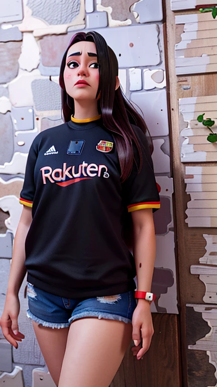 arafed woman standing in front of a wall with a rakuten shirt on, 8k)), from 8 k matte, black jersey, octa 8k, wearing a barca cape, 🔞🤡, high qualit 8 k, short sleeves, 🦩🪐🐞👩🏻🦳
