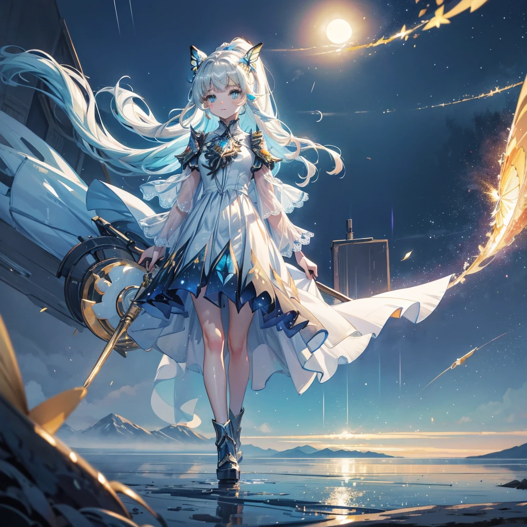 Absurd, high resolution, ultra-detailed, realistic layered shadows, 4K, (center composition), ((full body shot)), (rotation, night scene), model based on generative adversarial network for generation, ((A girl stands on the lake in the distance, holding a weapon, golden high ponytail, gradient inner hair, cyan butterfly hairpins, gold and red heterochromatic pupils, fluttering white long dress)), ((Aurora, rain or fog)), (delicate and cute facial features). BREAK, create images using prism effects, refract rays and create colorful kaleidoscope looks, rendering effects, ((moon)), moonlight, (particle effects), lens blur, (shimmering galaxy on screen). BREAK, designed images with a wide-angle lens effect to capture a wide field of view with a unique curved viewing angle. BREAK, forest paths, towering trees, glowing fireflies, dappled light and shadow, tranquil natural beauty. BREAK, falling snowflakes, dark blue background, distance from fog, mountains in the distance, emotional and eye-catching visual impact, (depth of field),
