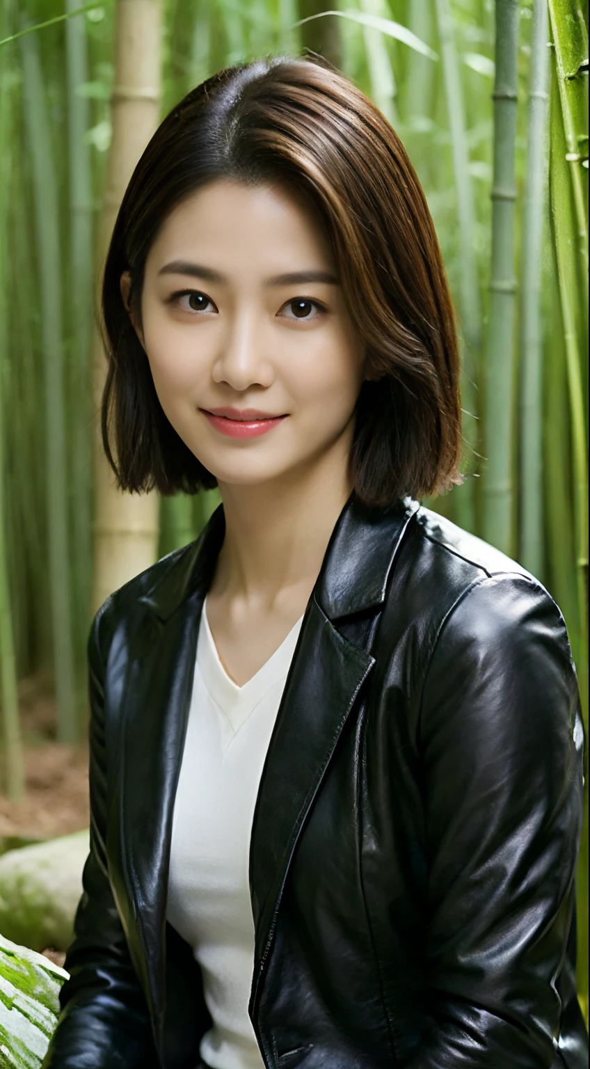 The highest image quality、超高分辨率、1 rapariga，Short hair details、exquisite and beautiful face、Wearing a leather long-sleeved robot suit、Sitting on a large rock in a bamboo forest