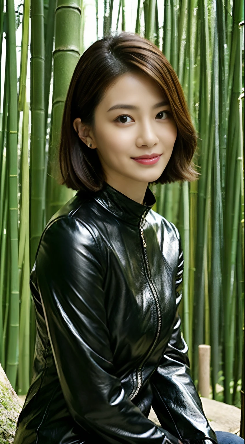 The highest image quality、超高分辨率、1 rapariga,Short hair details、exquisite and beautiful face、Wearing a leather long-sleeved robot suit、Sitting on a large rock in a bamboo forest