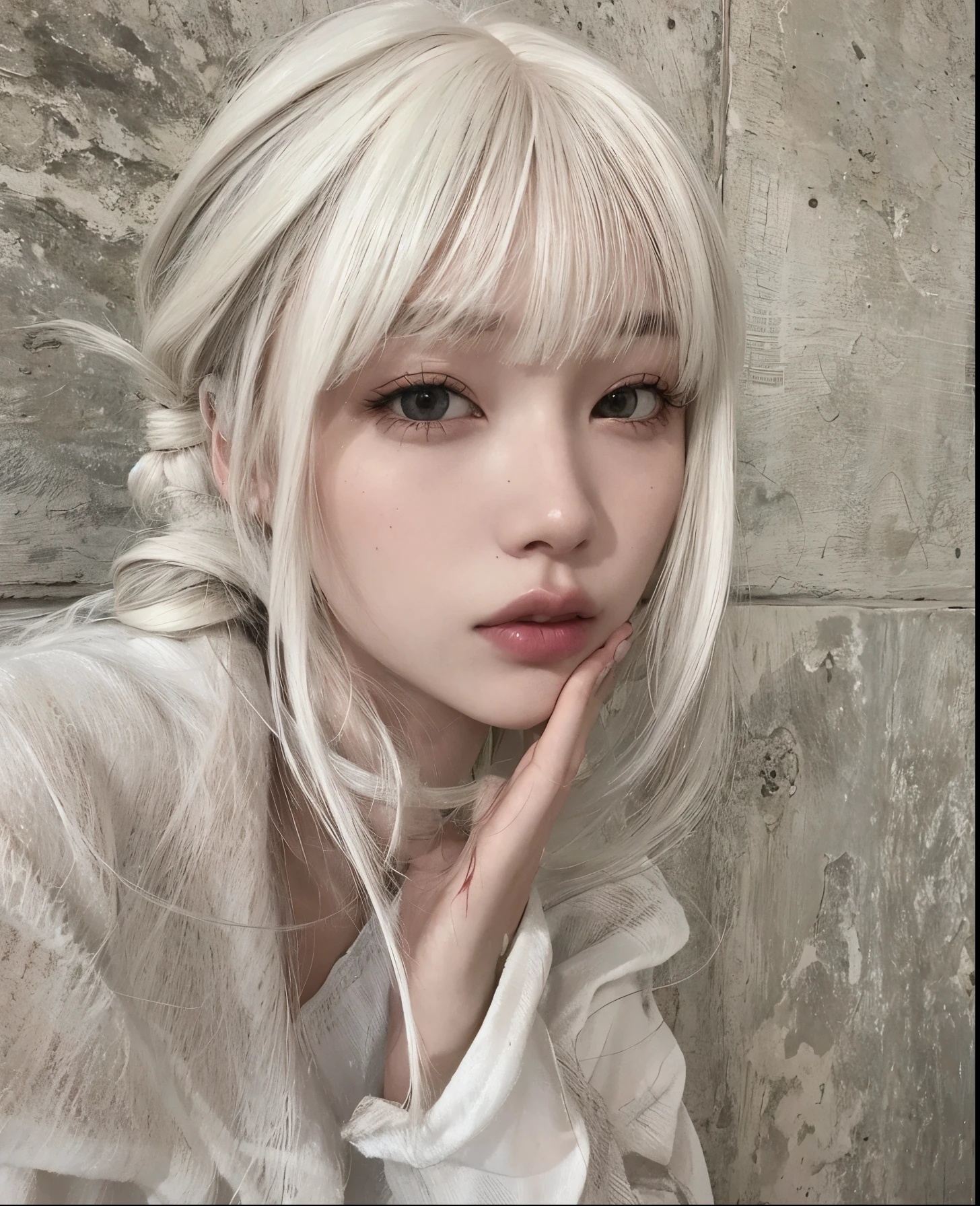 Mulher loira com cabelo longo e camisa branca posando para uma foto, franja branca, longos cabelos brancos e franja, cabelo franja branca cabelo, franja branca, branco hime corte penteado, cabelos brancos e fringy, menina com cabelo branco, cabelos brancos rosto bonito, menina perfeita de cabelos brancos, com cabelos longos brancos, cabelo branco bonito, her hair is white, pale hair