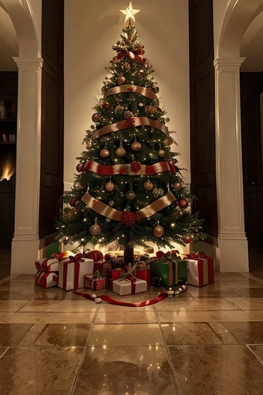 masterpiece, best_quality, christmas, christmas tree, presents, fire place, decorations, joyful, chirstmas tree with presents