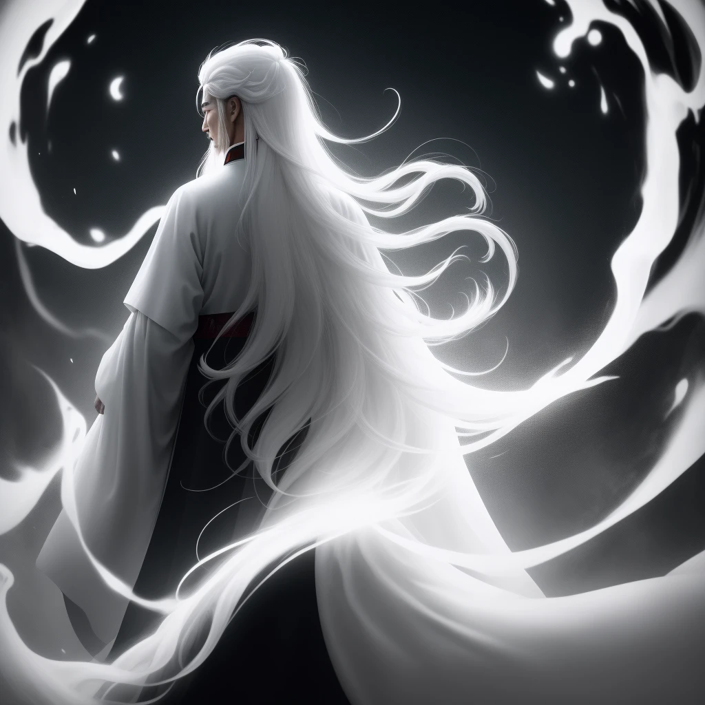 China-style，The medium scene is，Back view of Taoist priest wearing white robe，There are words in front of him，Long messy white hair，glowing effect，hyper realisitc，ultra real photo，Chinese black and white ink style，Plata，decolorization，soiley，8K，ultradetailed，high high quality，Overclocked renderer