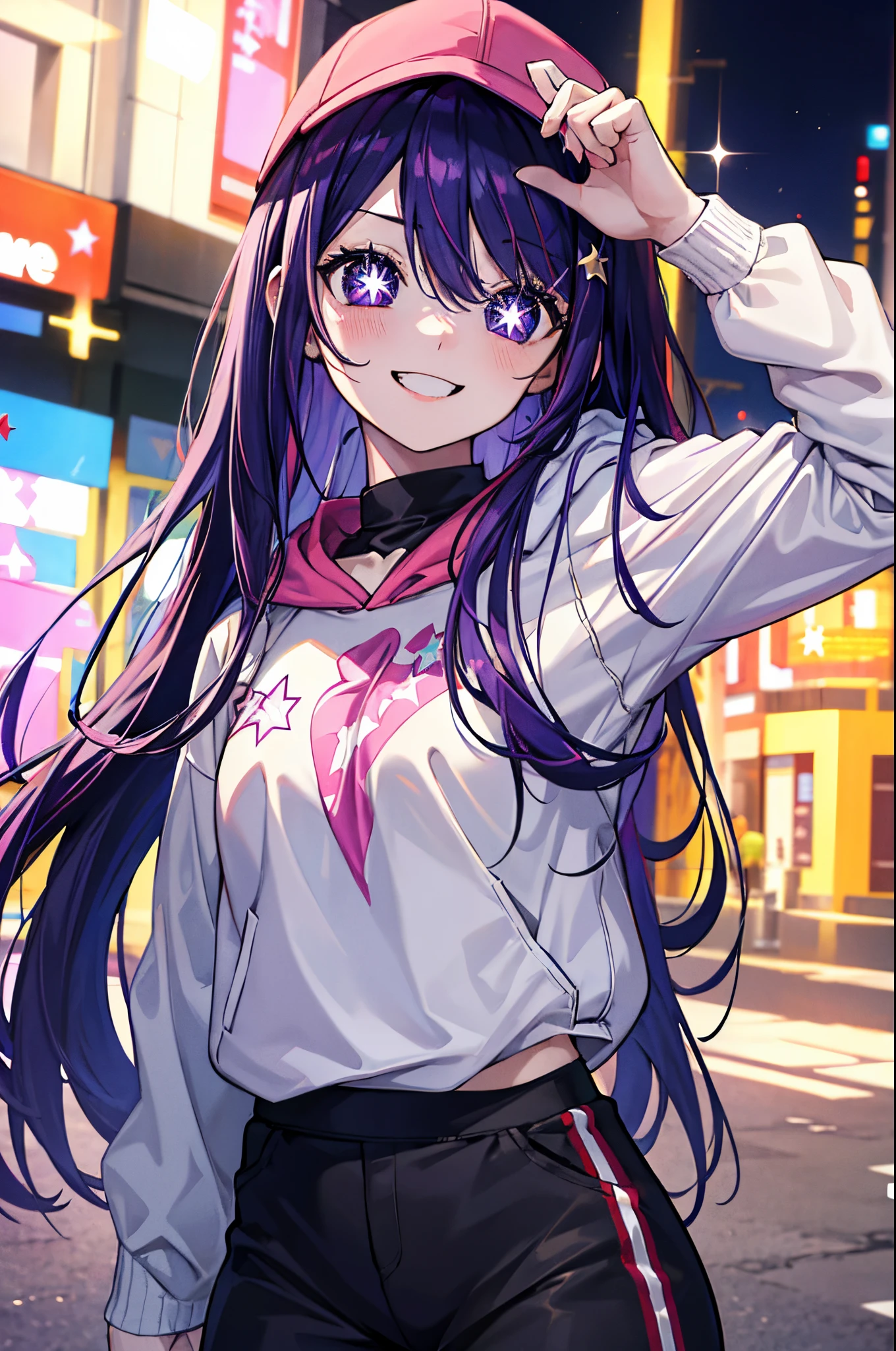 (masterpiece), best quality, expressive eyes, perfect face, highres, (8k), (perfect face), (ultra details), 1 girl, solo, ai hoshino, hair between eyes, long hair, one side up, (purple eyes:1.1), purple hair, (star-shaped pupils:1.5), symbol-shaped pupils, baseball cap, hat, hood, hoodie, long sleeves, puffy sleeves, white hoodie, black pants, sneackers smile, street background, standing, upper body, portrait, looking at the viewer,