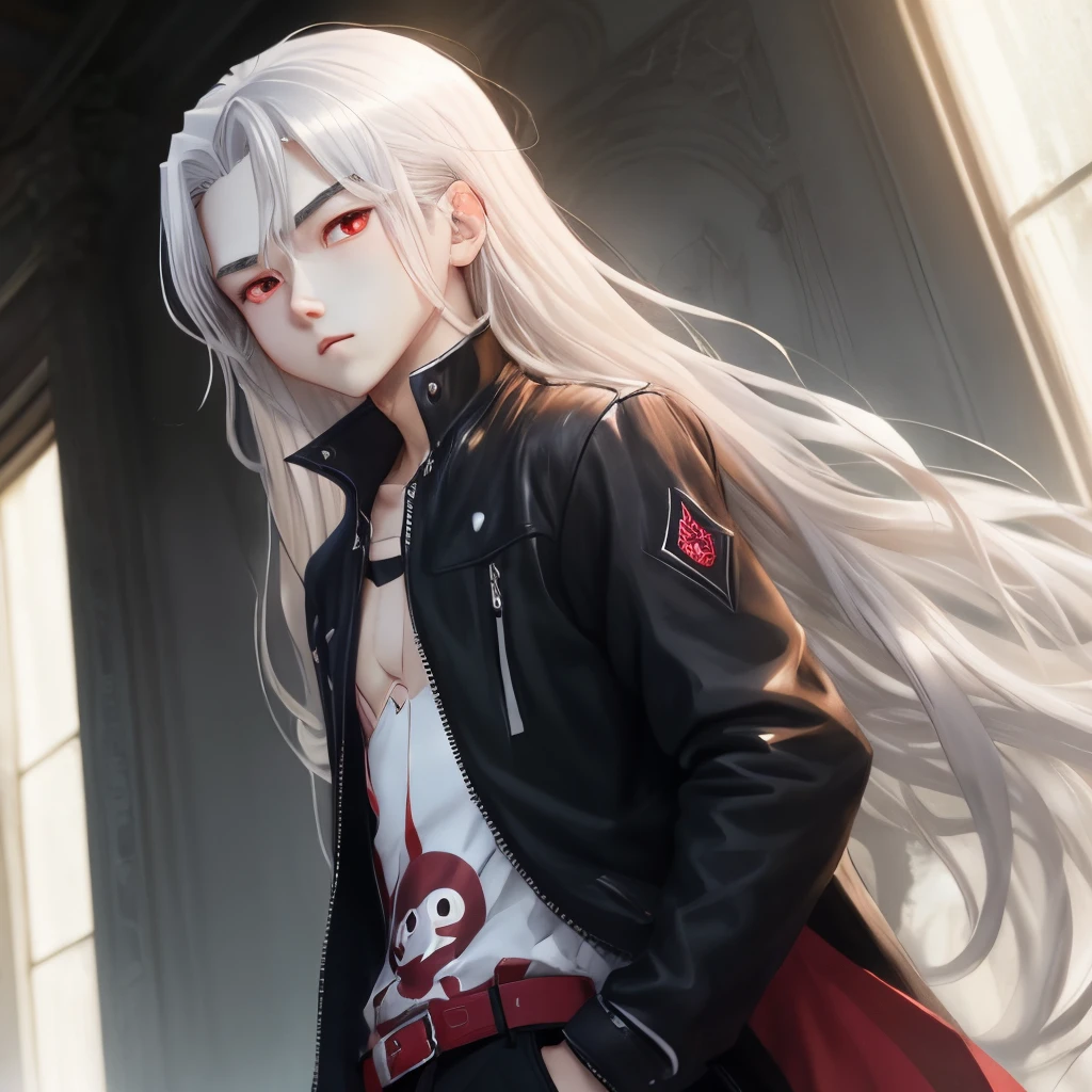 anime boy long silver hair red eyes short head heartless face pretty body