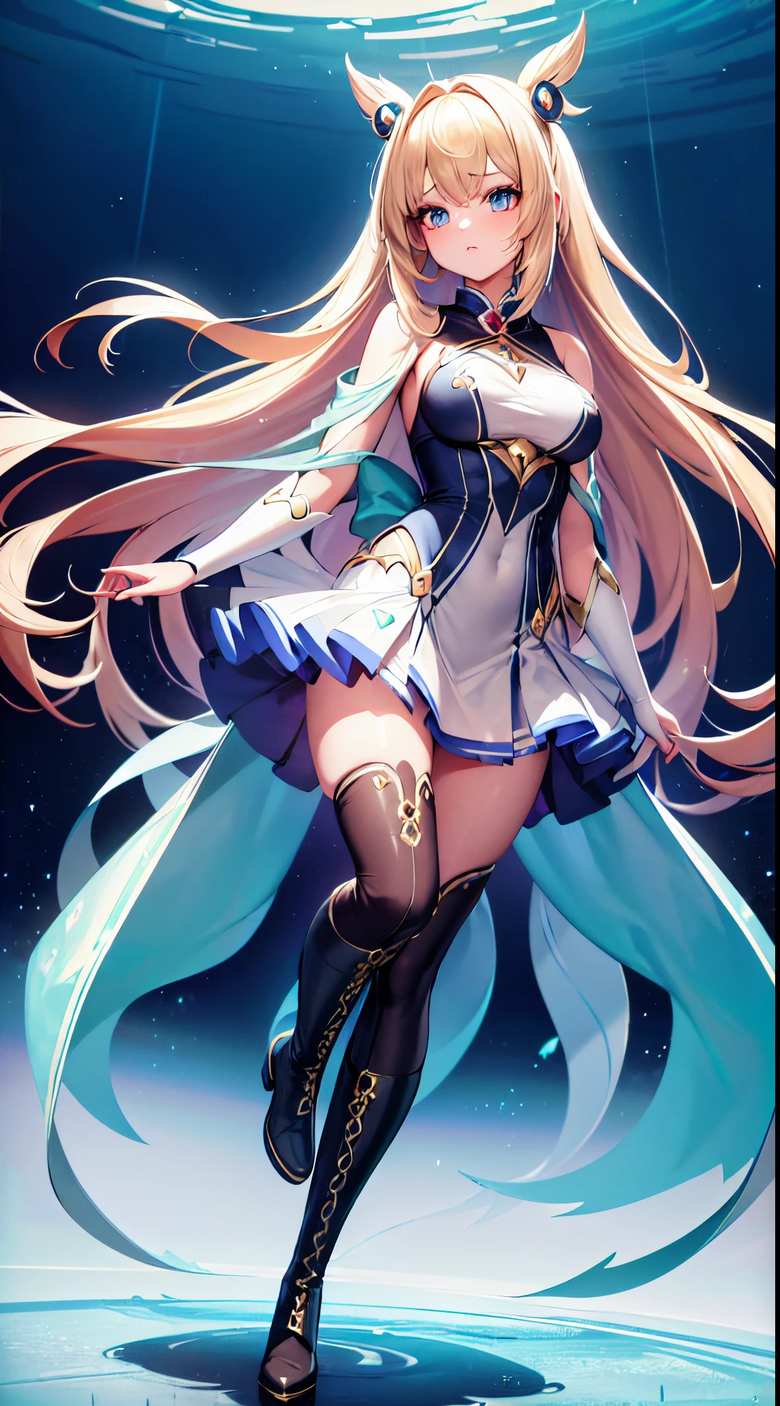 ((Best Quality)), (ultra-detailliert), ((Extremely detailed)), (Beautiful), ((Kawaii Girl)), ((UHD)), (masterpiece), (high quality), (best quality), (4K), (high quality), 1, solo girl, 1girl, ((platinum blond hair)), parted bangs, ((hair intakes)), long hair, (hair two side up long), ((jade colored eyes)), slanted eyes, medium breasts, slender body, (wearing boots on feet), ((is wearing Liteblue magical Girl Costumes)), anime