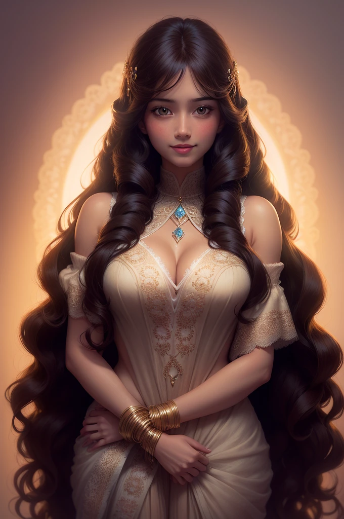 Long hair, Wavy Hair, Bangs, Long bangs, Brown hair, Shiny hair, Beautiful face, Smile, parted_Lips, Bare_shoulders, cleavage, , Brown eyes, White skin, lace flowing and melt, Exquisite cloth, pale blue Clothes, Moon, Meteor, scenecy, Hyper Detailed,Multiple poses and expressions