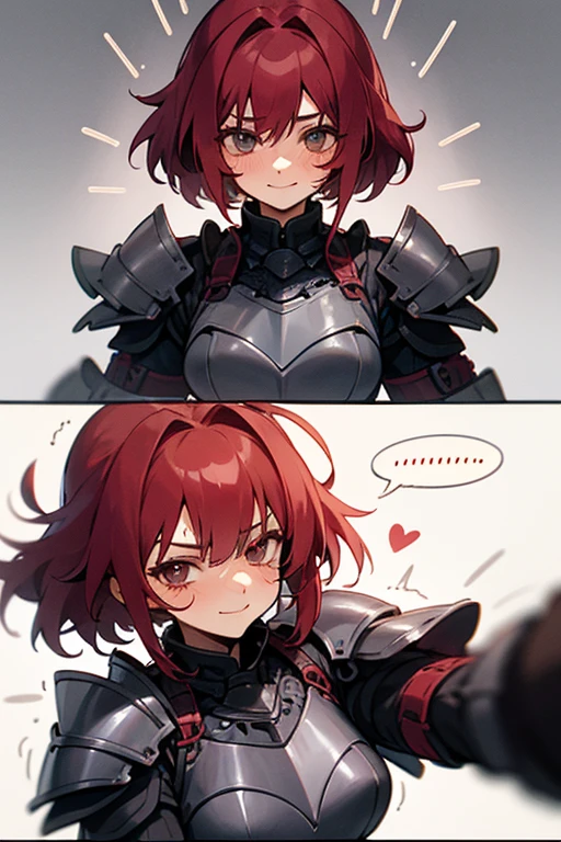 Young adult female; powerful warrior; enchanting scarlet irises; armoured; is very strong but gets very shy when around the viewer; fluttering hearts; loves the viewer a lot; mustering up the courage to confess her feelings; getting flustered in an adorable manner; is so relieved that the viewer reciprocates her feelings; shy smile; surreal
