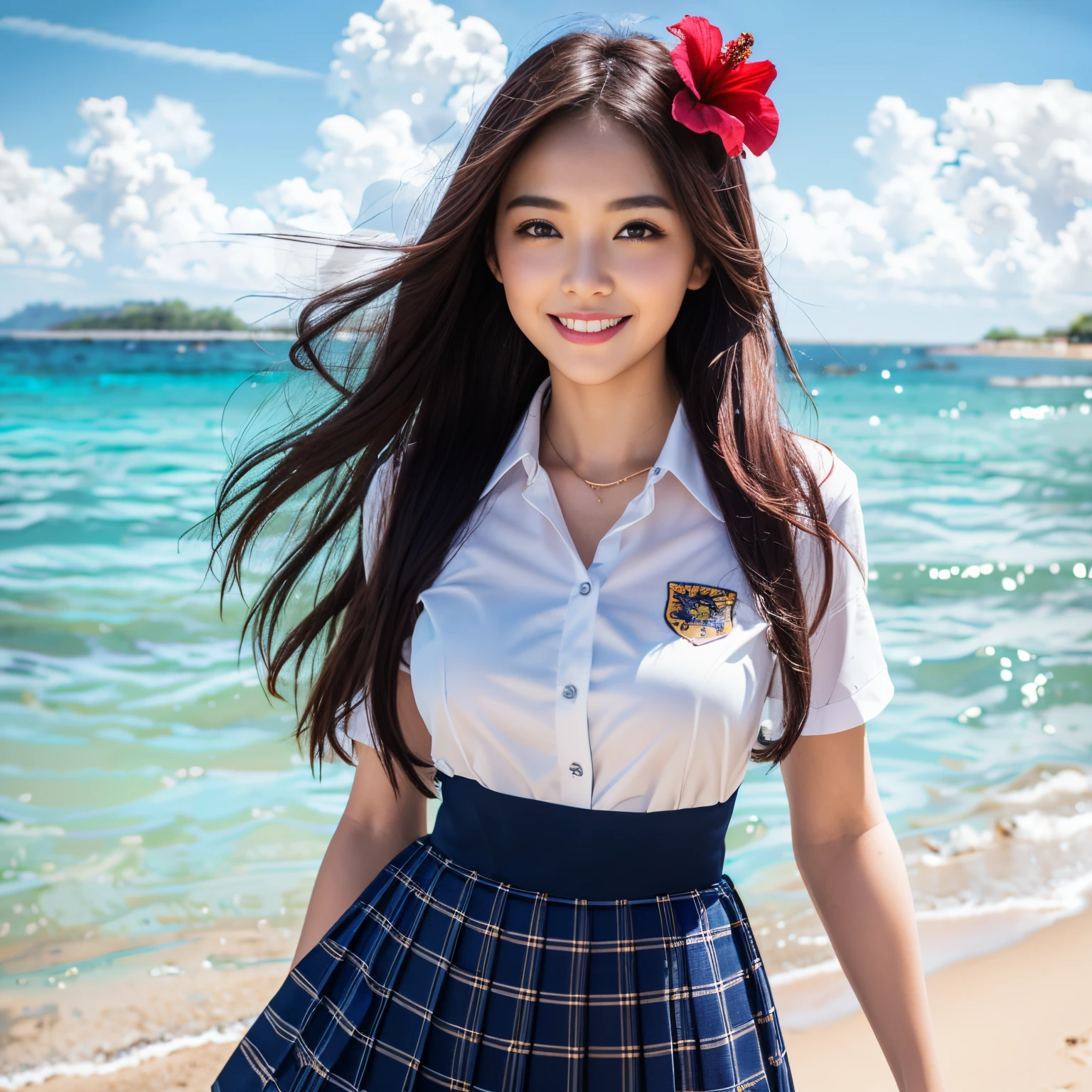 ((top-quality、masutepiece、8K、Top image quality、Highly complex and detailed depictions))、(1 photo:1.2)、(1 girl:1.3)、(the best smile looking at me、Beautiful beach)、(Uniform white shirt、uniform navy pleated skirt)、(large full breasts、Emphasize body lines、Glamorous body、Hair swaying in the wind、sand beach、beautiful ocean、Tropical Plants、red hibiscus hair ornament on head、Crystal clear and sparkling sea、refreshing、Bright daylight、Complex sea glow、Depicts beautiful sea details、Brightly lit face、Beautiful summer sky、beautiful thunderclouds)、(Accurate uniforms:1.3)、(accurate anatomy:1.3)、(cowboy shot:1.3)