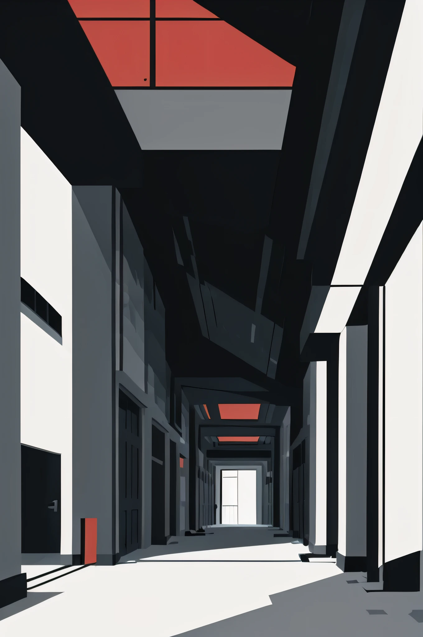 corridor, Old, metal, Inside the building, Empty corridor, Chernikhov style, style constructivism, constructivism, interior, vector art, planar, only red, white and black colors