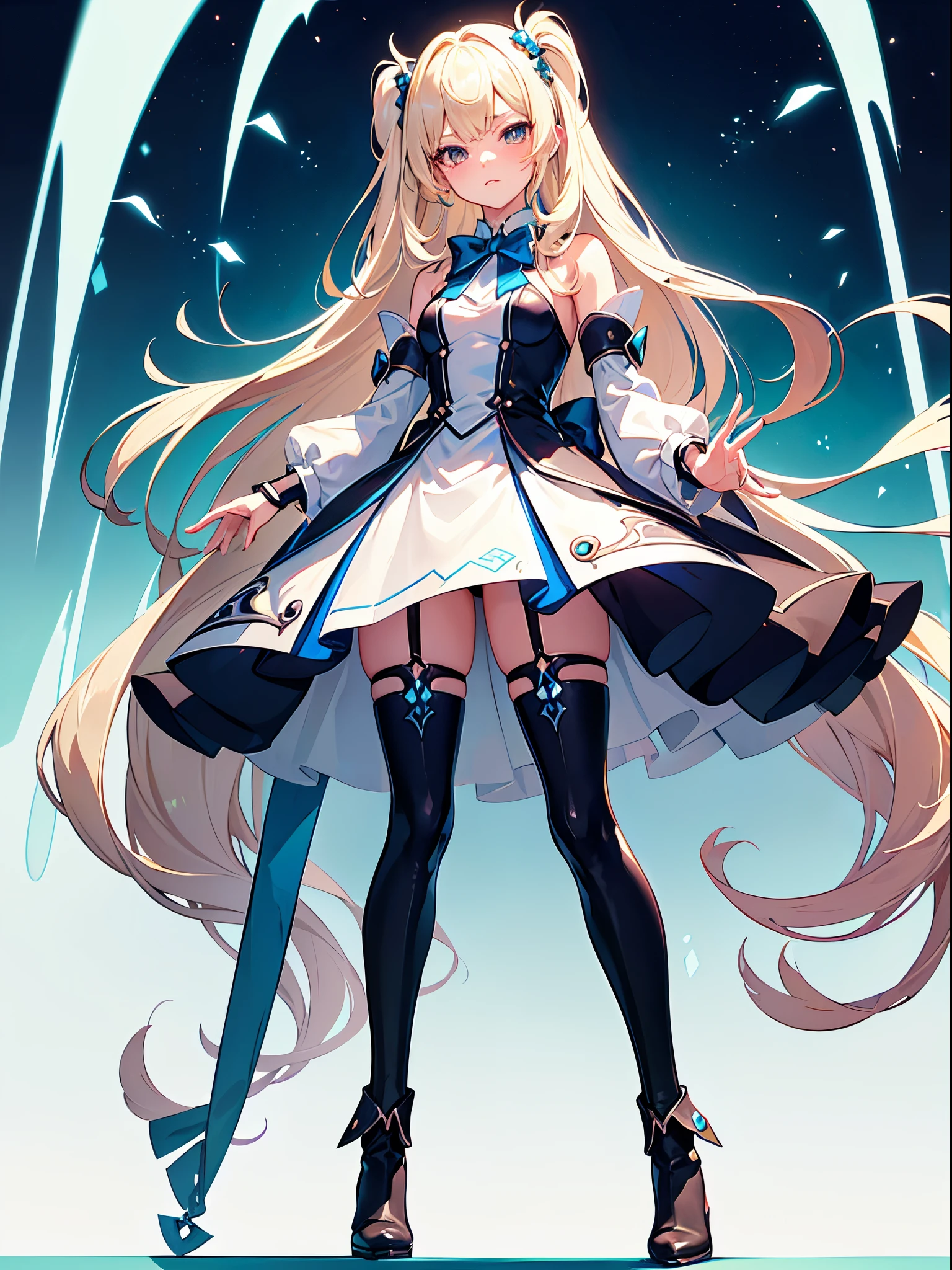 ((Best Quality)), (ultra-detailliert), ((Extremely detailed)), (Beautiful), ((Kawaii Girl)), ((UHD)), (masterpiece), (high quality), (best quality), (4K), (high quality), 1, solo girl, 1girl, ((platinum blond hair)), parted bangs, ((hair intakes)), long hair, (hair two side up long), ((jade colored eyes)), slanted eyes, medium breasts, slender body, (wearing boots on feet), ((is wearing liteblue magical Girl Costumes)), anime