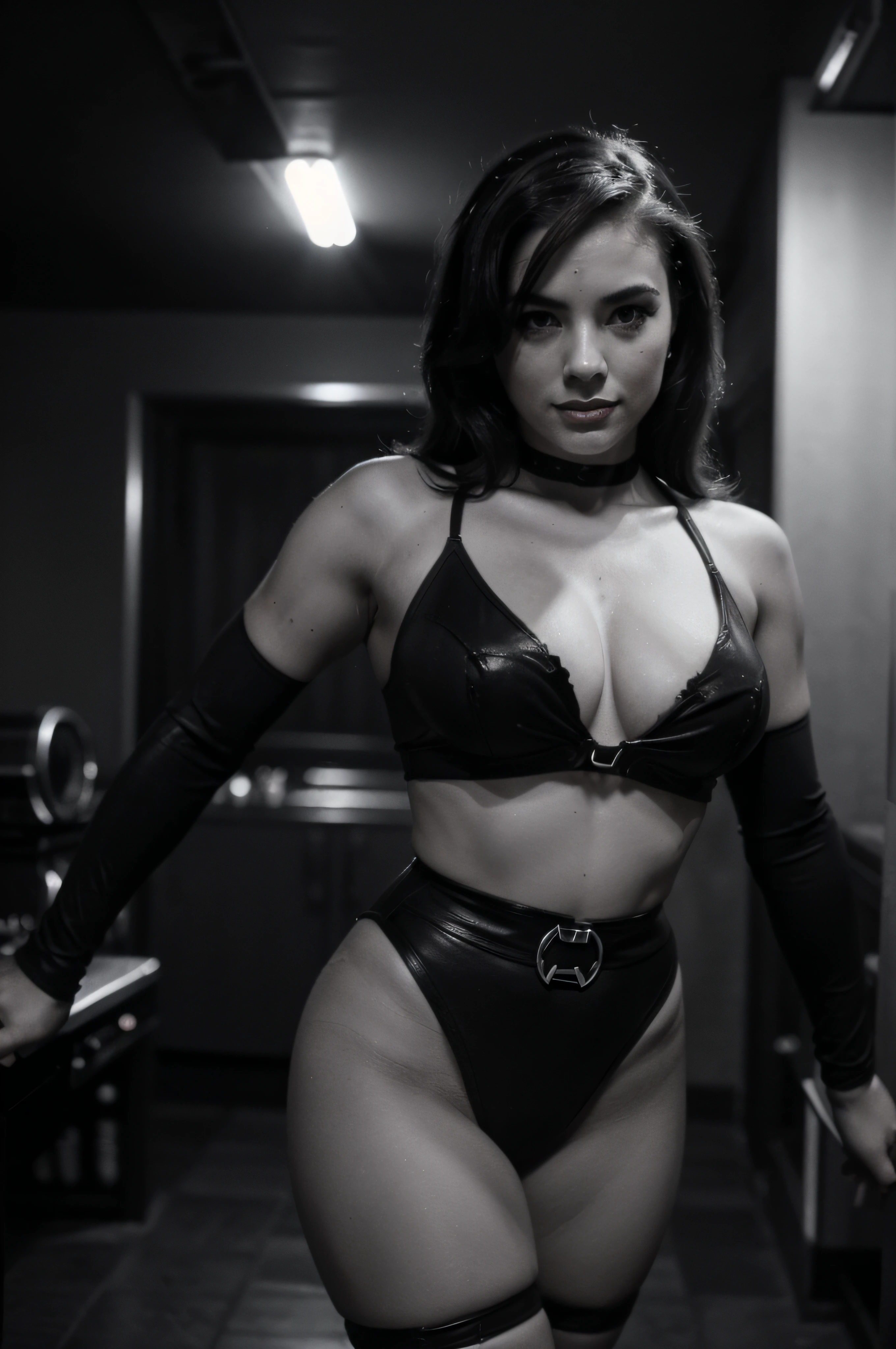 "(¡foto épica, oscuro, monocromo, foto hd, grano, film moderno, motion blur, realism), (pinup girl superhero style 50´s, very sexy)