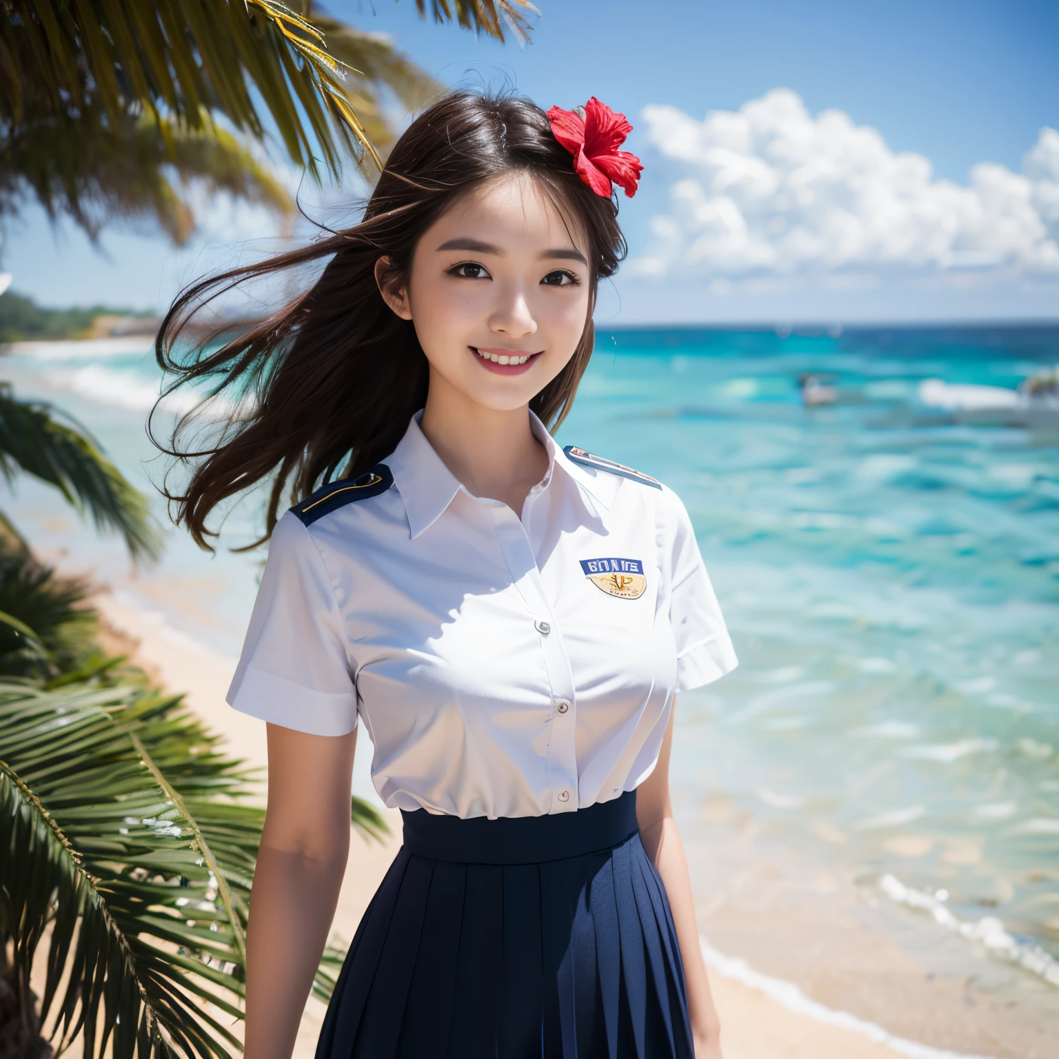 ((top-quality、masutepiece、8K、Top image quality、Highly complex and detailed depictions))、1 schoolgirl、(the best smile looking at me、Beautiful beach)、(Uniform white shirt、uniform navy pleated skirt)、(large full breasts、Emphasize body lines、Glamorous body、Hair swaying in the wind、sand beach、beautiful ocean、Tropical Plants、red hibiscus hair ornament on head、Crystal clear and sparkling sea、refreshing、Bright daylight、Complex sea glow、Depicts beautiful sea details、Brightly lit face、Beautiful summer sky、beautiful thunderclouds)、(Accurate uniforms:1.3)、(accurate anatomy:1.3)、(cowboy  shot:1.3)