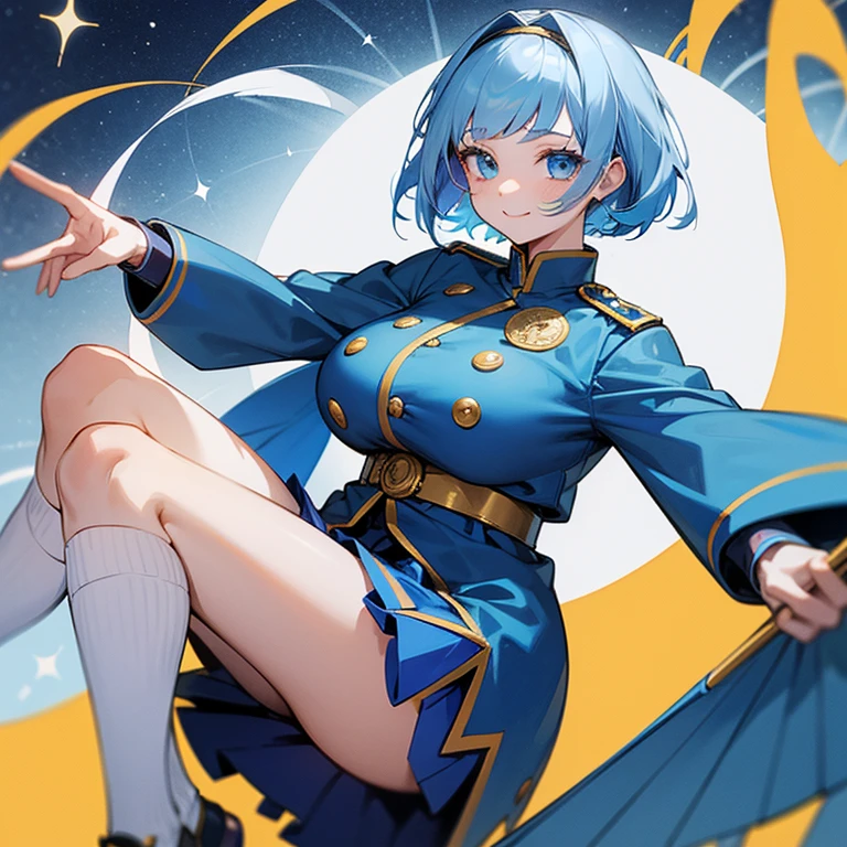masterpiece, best quality, 1girl. Anime. blue hair, white bangs, blue eyes, big boobs, curvaceous, sweet expression, smiling, short hair, blue shirt and skirt, jacket with moon patterns, gold buttons running down the middle of her shirt, white sandals, blue and black knee high socks