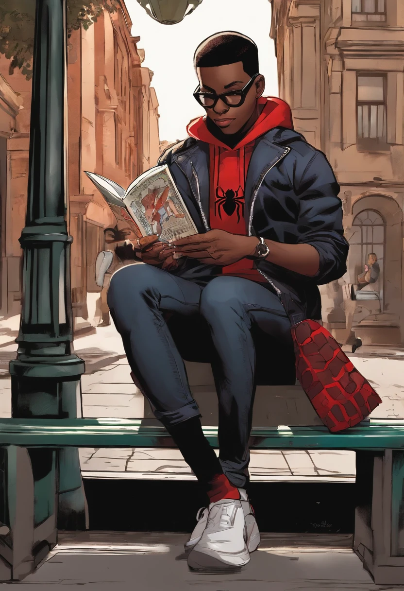 An image of Miles sitting on a park bench, reading a book about art history.,Marvel Comics,Miles Morales, the dynamic character from the “Spider-Man” universe, is a young, black athletic teenager with a lean build, often seen in his distinctive black Spider-Man suit with red webbing and unique graffiti-style designs. He has a youthful, energetic face, often expressing a wide range of emotions from awe to determination, reflective of his age and the enormity of his responsibilities., male