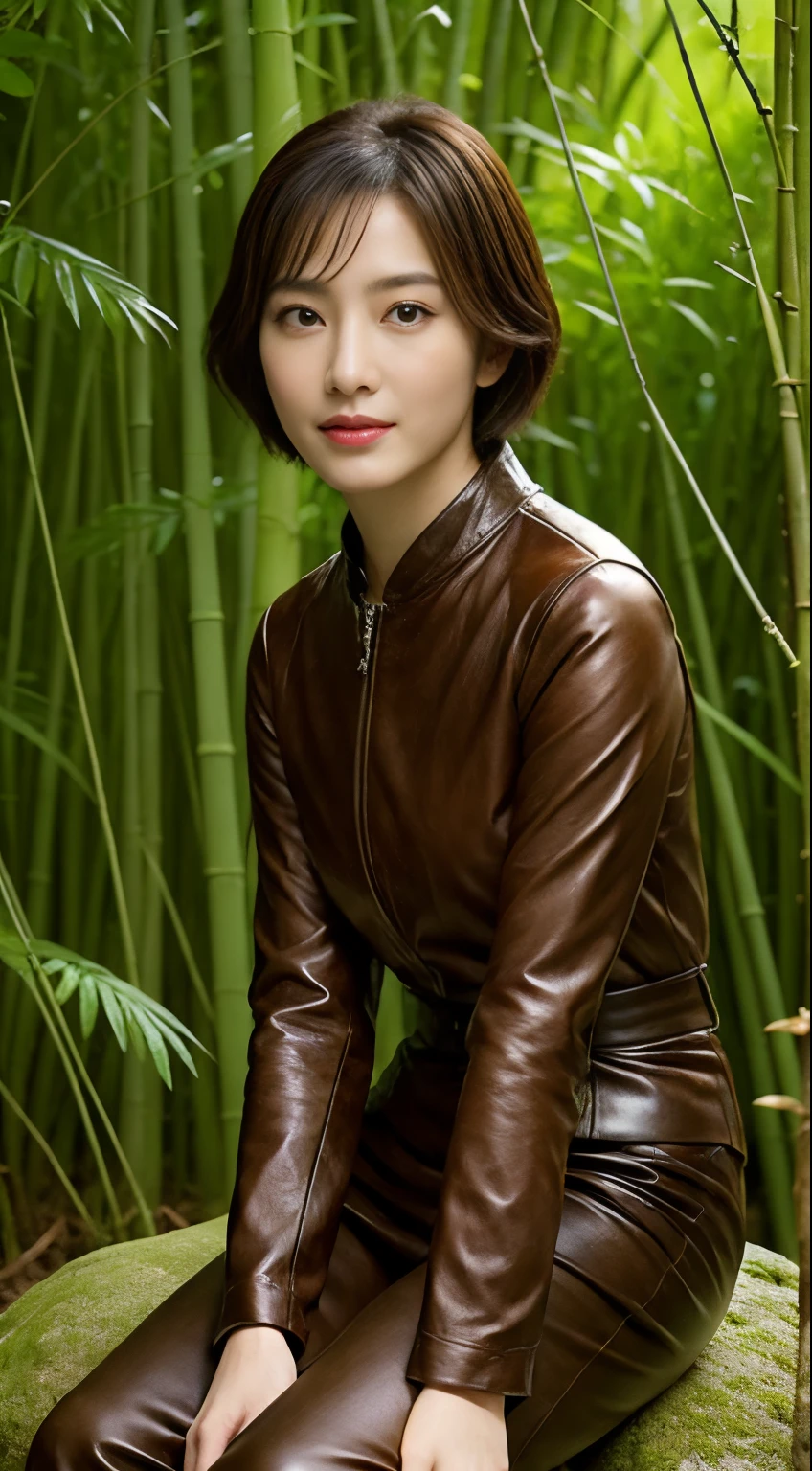 The highest image quality、超高分辨率、1 girl,Short hair details、exquisite and beautiful face、Wearing a leather long-sleeved robot suit、Sitting on a large rock in the bamboo forest