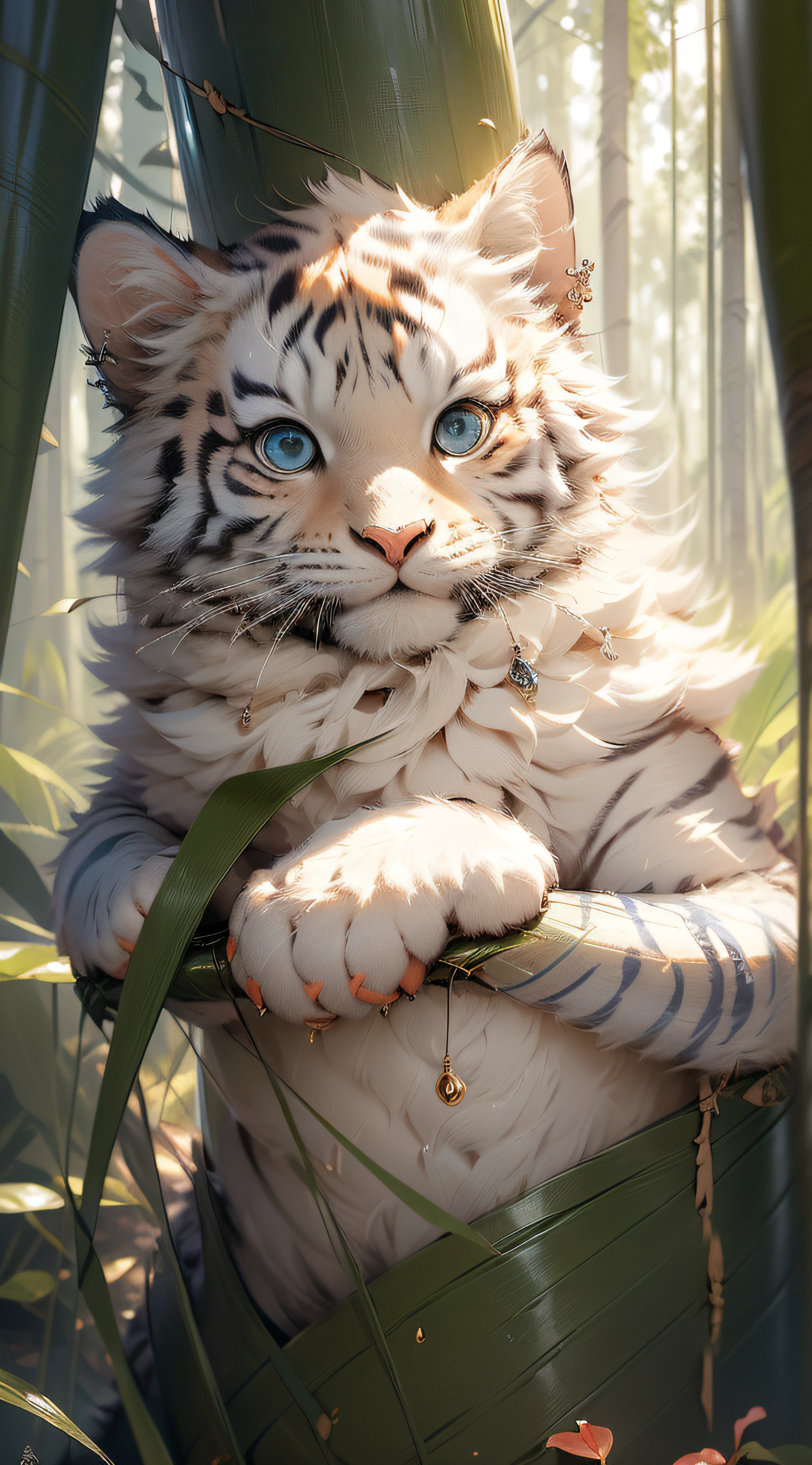 Un majestueux tigre blanc aux yeux bleus perçants, (meilleur qualité, Haute résolution dans une forêt dense baignée de soleil doré, mettre en valeur sa force et son agilité. La fourrure du tigre brille de mille feux, avec chaque brin (ultra-détaillée) et motif complexe clairement visible. La forêt est remplie d'arbres verts luxuriants. magique (onirique) monde. Le tigre dégage une aura de puissance et de grâce, ses yeux bleus perçants captivants et pleins de sagesse. Il est génial et confiant, l'incarnation de la beauté sauvage.