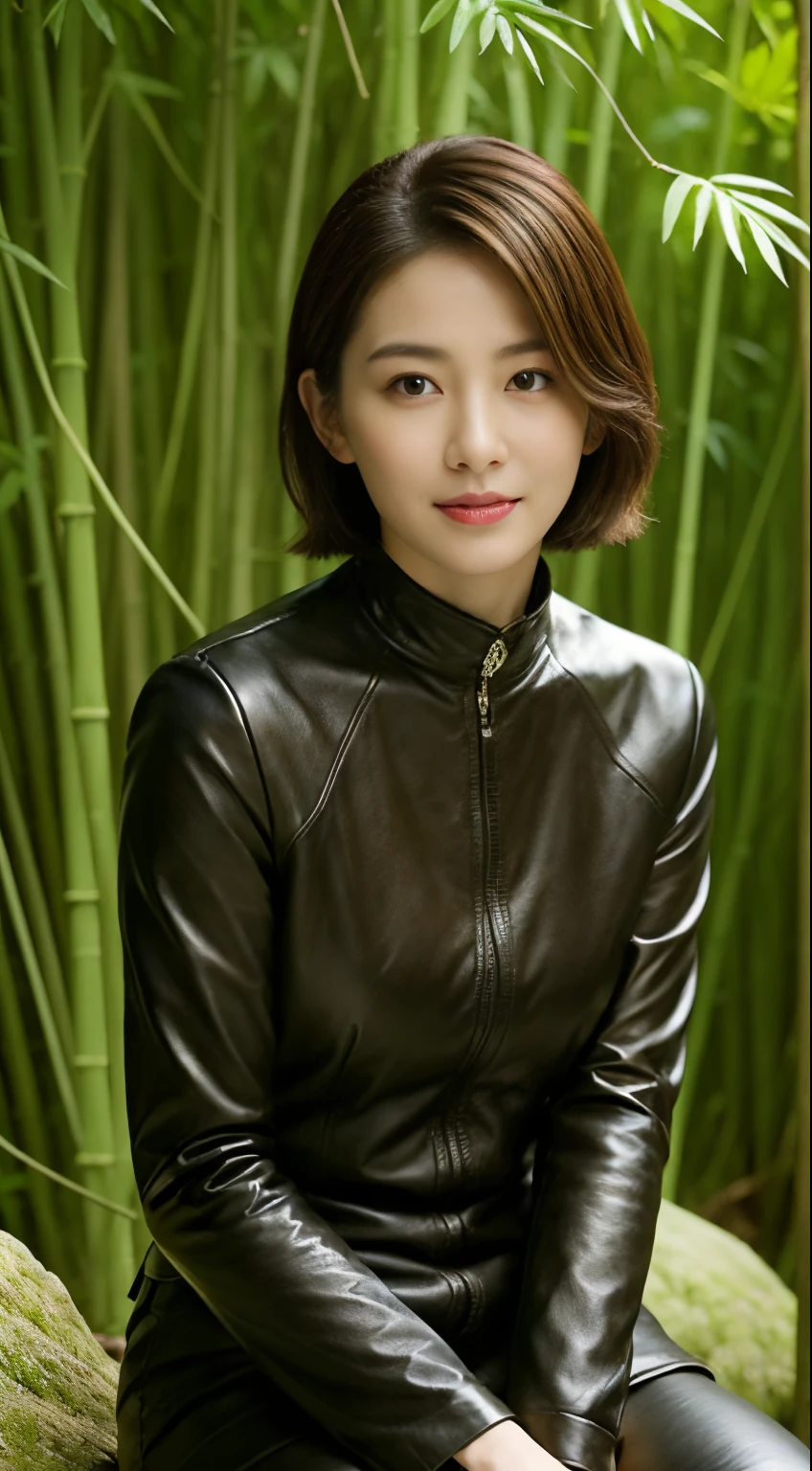 The highest image quality、超高分辨率、1 girl，Short hair details、exquisite and beautiful face、Wearing a leather long-sleeved robot suit、Sitting on a large rock in the bamboo forest