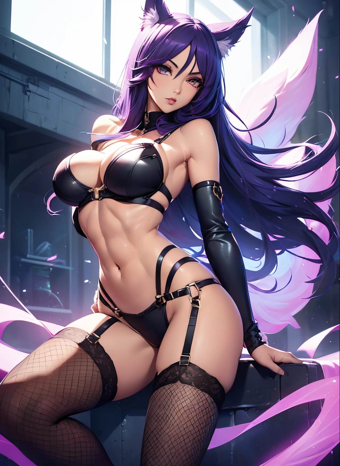 1girll, Solo, (Sexy, Beautiful woman, Perfect face, skinny waist, perfect, breast, toned abs, muscular quads, arched back, Perfect eyes). Ahri from league of legends, harness, strappy lingerie, breast squeezed by lingerie, 9 tails, (realism 1.3)