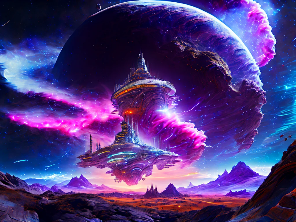A space station located in space amidst the vast expanse of stars, Planets, and galaxies would be a remarkable feat of engineering. The station will be filled with lively activity., Spacecraft of various sizes come and go to transport people., dispatch, and equipment. looking out from the station, A distant planet with a colorful surface, mountainscape, Mare, And you'll see swirling clouds. as the station orbits the earth、The landscape below will change, reveal new scenery, hidden valley, peaked, and nature's wonders. Despite the infinite scale of the universe, The space station will become a hub of life and activity., A shining example of humanity's drive to explore and conquer the unknown. (((masutepiece))), ((Best Quality)), Realistic, 8K, Ultra-detailed, Realistic, Scenery, concept-art, exceptionally detailed RAW color photo, Side Angle, (Lens Flare:0.7), particles effect, 光线追踪, Cinematic lighting, Shallow depth of field, photographed on a Sony Alpha 1, 50mm wide angle lens, Sharp Focus, Cinematic Film Still, Dynamic Pose.,