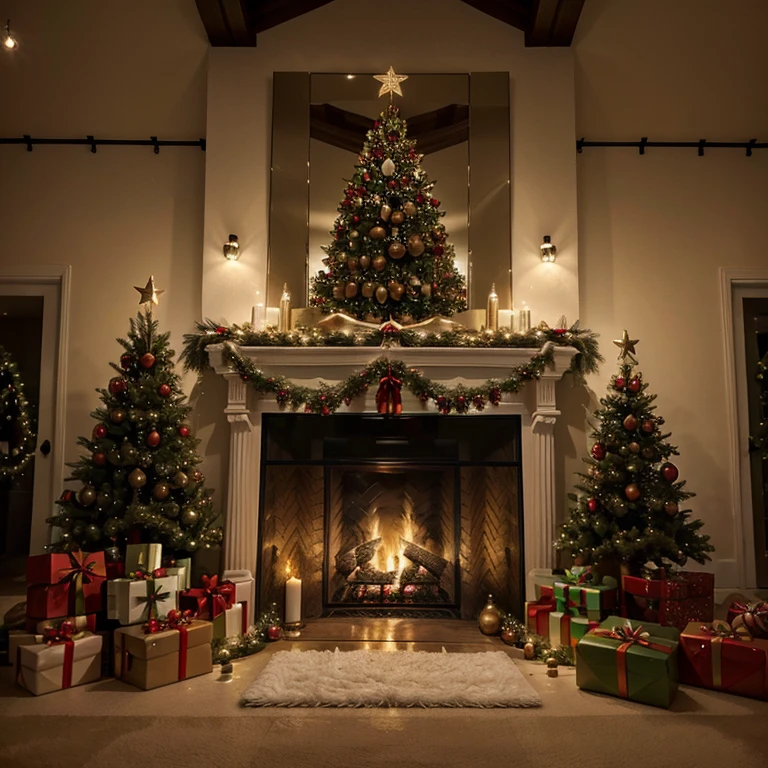 masterpiece, best_quality, christmas, christmas tree, presents, fire place, decorations, joyful, chirstmas tree with presents, warm, bells, christmas lights, wreath