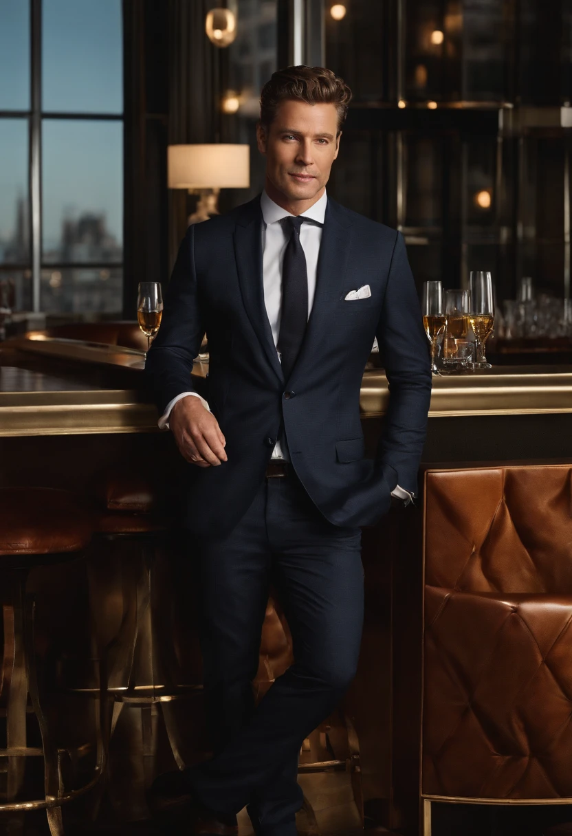 A photo of Roman at a high-end rooftop bar,original,Roman Roy, from the TV series “Succession,” often presents a disheveled yet stylish look, reflecting his mix of casual indifference and corporate lifestyle, typically seen in designer suits worn with a nonchalant flair. He has a boyish charm with a mischievous smile, adding to his persona as the family’s unpredictable and irreverent playboy. , male
