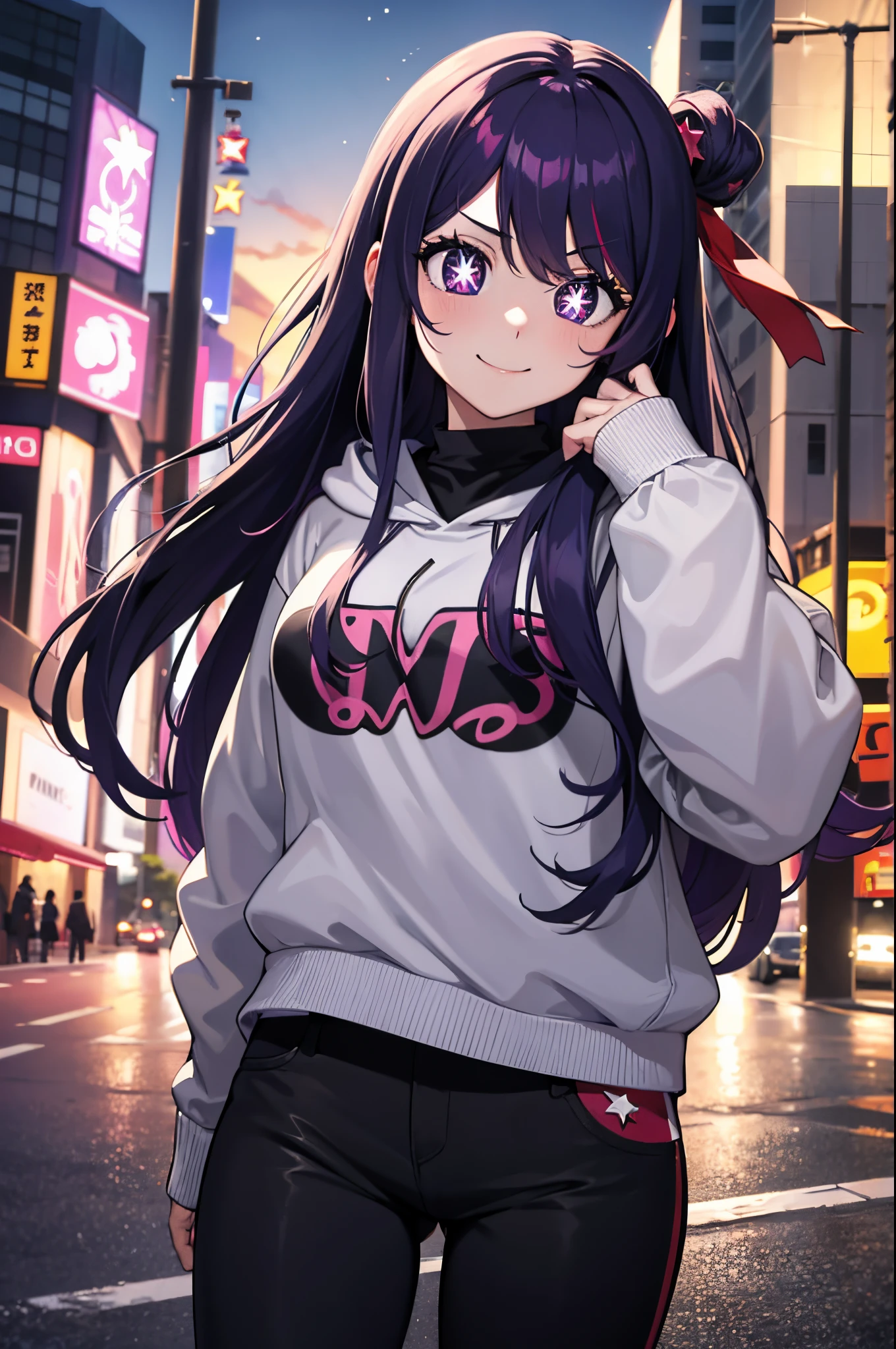 (masterpiece), best quality, expressive eyes, perfect face, highres, (8k), (perfect face), (ultra details), 1 girl, solo, ai hoshino, hair between eyes, long hair, one side up, (purple eyes:1.1), purple hair, (star-shaped pupils:1.5), symbol-shaped pupils, baseball cap, hat, hood, hoodie, long sleeves, puffy sleeves, white hoodie, black pants, sneackers smile, street background, standing, portrait, looking at the viewer,