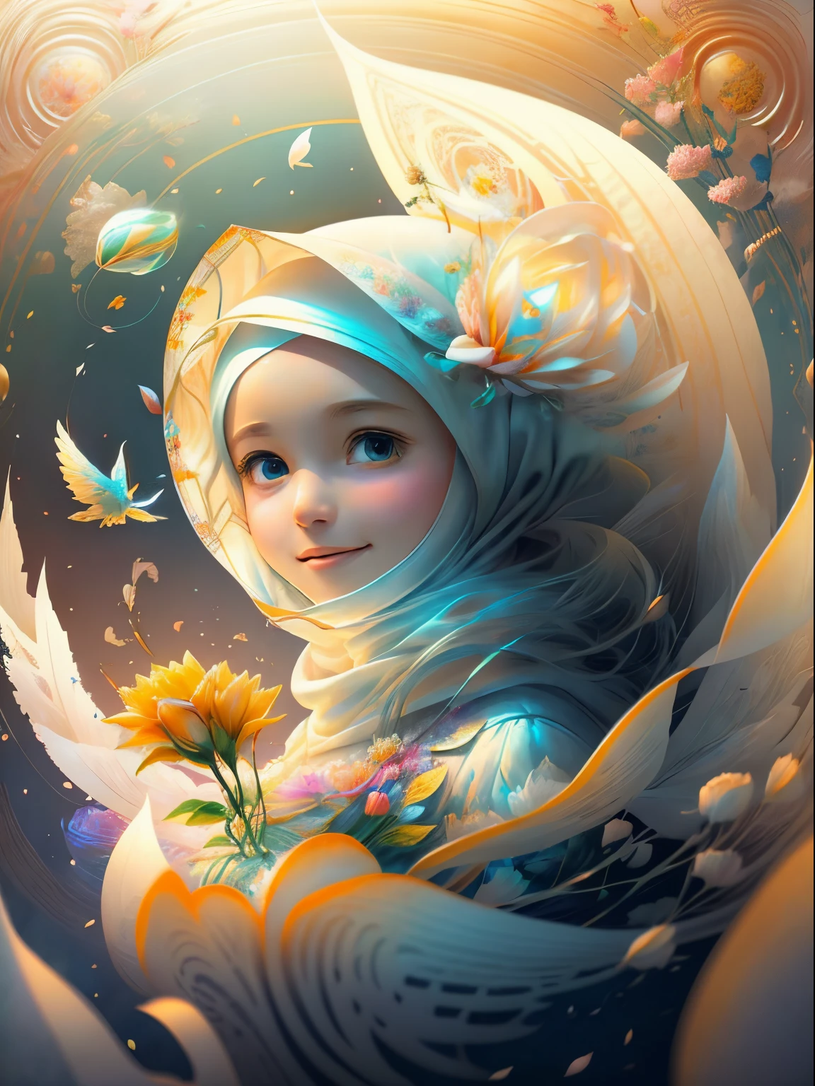 smiling face Subtle girl with flowers Full hijab, full dress, full robe, ethereal fantasy concept art of intricate paper quilled , vibrant, beautiful paper quills, hyper detailed, insane depth, gorgeous composition, chaotic but orderly . magnificent, celestial, ethereal, painterly, epic, majestic, magical, fantasy art, cover art, dreamy . magnificent, celestial, ethereal, painterly, epic, majestic, magical, fantasy art, cover art, dreamy