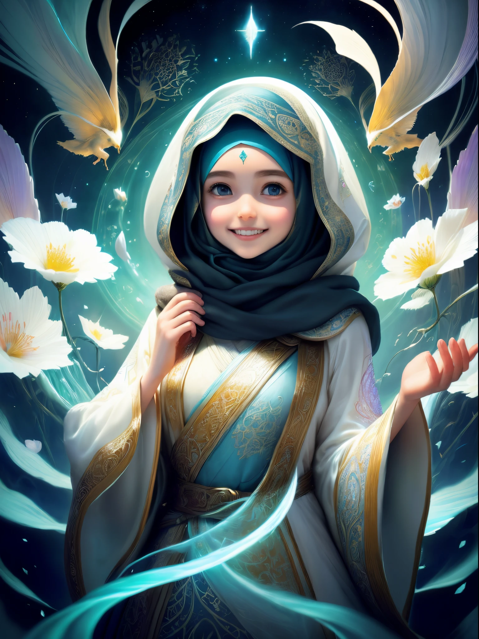 smiling face Subtle girl with flowers Full hijab, full dress, full robe, ethereal fantasy concept art of intricate paper quilled , vibrant, beautiful paper quills, hyper detailed, insane depth, gorgeous composition, chaotic but orderly . magnificent, celestial, ethereal, painterly, epic, majestic, magical, fantasy art, cover art, dreamy . magnificent, celestial, ethereal, painterly, epic, majestic, magical, fantasy art, cover art, dreamy