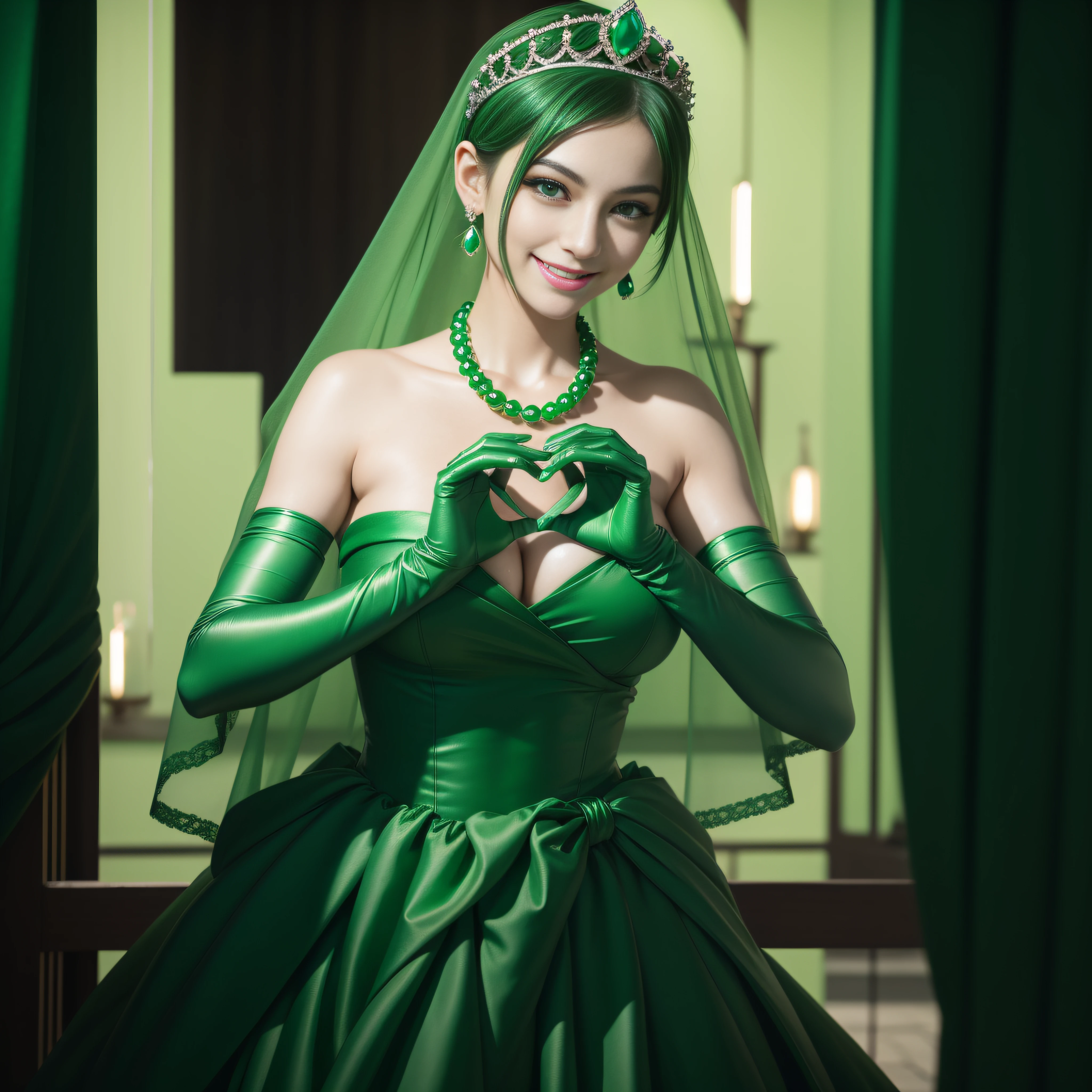 emerald tiara, Green Pearl Necklace, Boyish very short green hair, lipsticks, Japan woman smiling, very short short hair, big breasts beautiful, Green eyes, Long green gloves made of satin material, Green eyes, Emerald Earrings, green vale, Heart with both hands