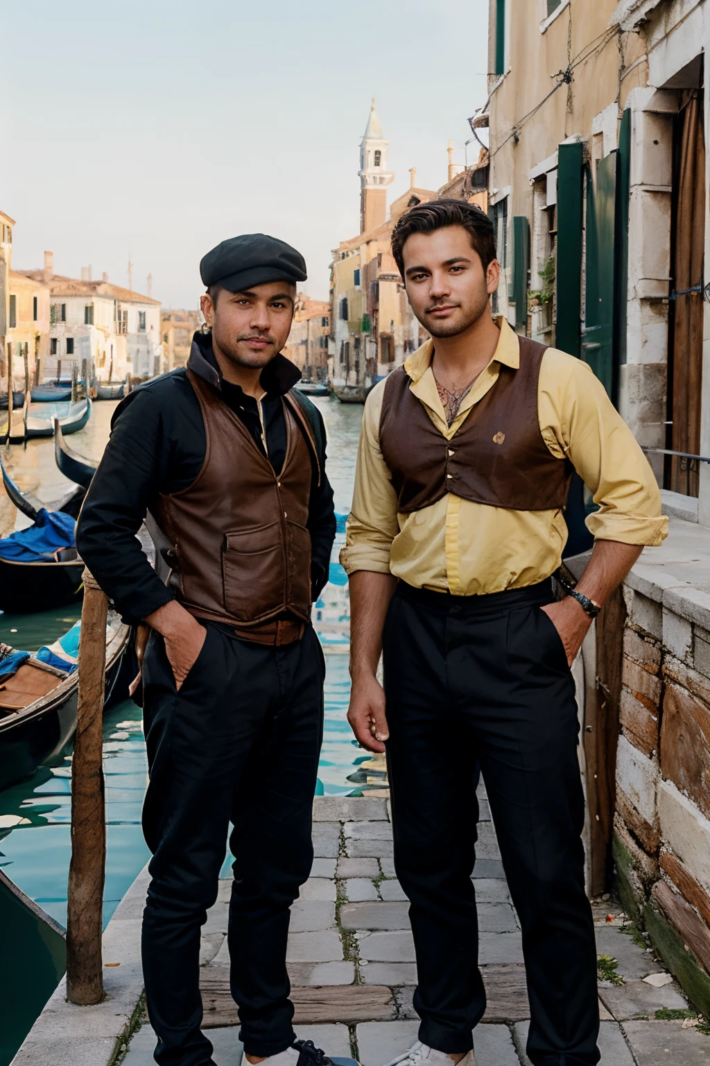 illustrator of mediaval era, Venice, a port, with a yellowish color, wooden ship, with 2 young male merchants,