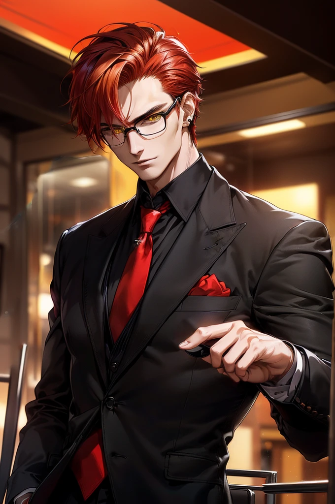 (1 male, man, a man 20-30 years old, handsome, seductive, attractive, sexy, a fierce look, piercing gaze, yellow eyes, red hair), (dressed in a slick black suit, black shirt, red necktie), suit jacket buttoned up, right hand in pants pocket, left hand in pants pocket