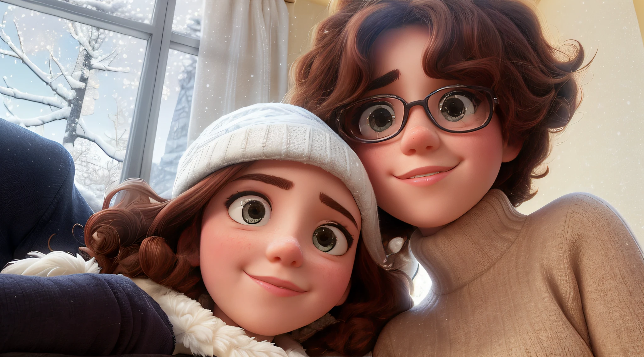 there are two people that are posing for a picture together, ultra high quality picture, only snow in the background, taken in the early 2020s, lovingly looking at camera, petra collins and mc. escher, profile pic, messy curly hair, they are siblings, profile image, ayanamikodon and irakli nadar, disney pixar 3d