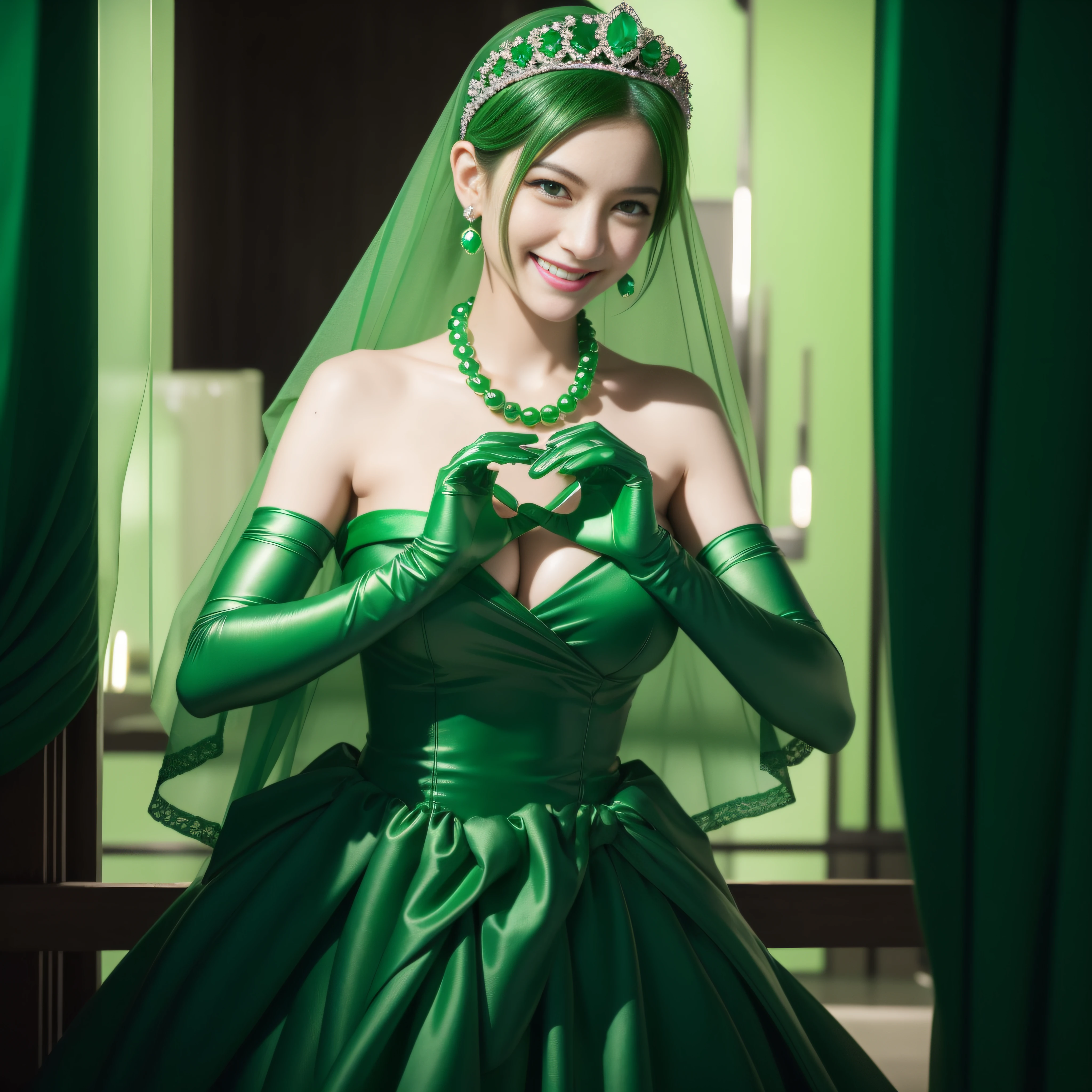 emerald tiara, Green Pearl Necklace, Boyish very short green hair, lipsticks, Japan woman smiling, very short short hair, big breasts beautiful, Green eyes, Long green gloves made of satin material, Green eyes, Emerald Earrings, green vale, Heart with both hands
