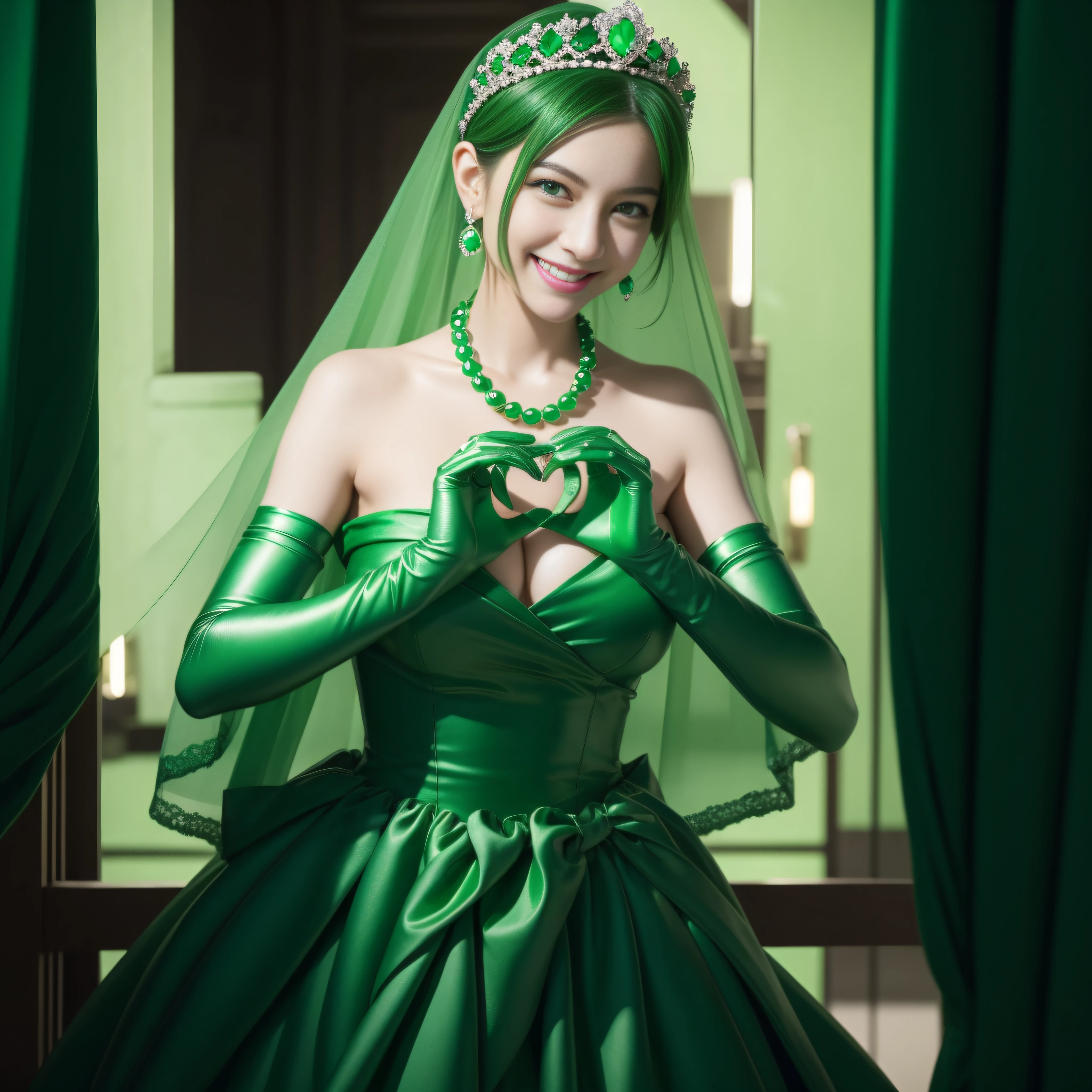 emerald tiara, green pearl necklace, boyish very short green hair, lipstick, smiling Japanese woman, very short hair, Beauty with large breasts, green eyes, Long Green Satin Gloves, green eyes, emerald earrings, green veil, heart with both hands