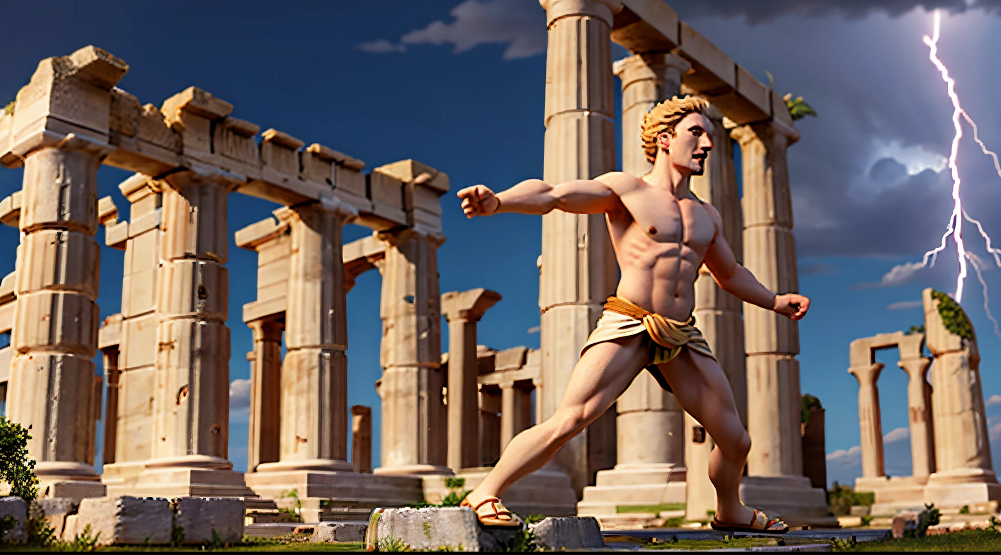 ancient greek god, mid shot, lightnings, dynamic pose, ruins