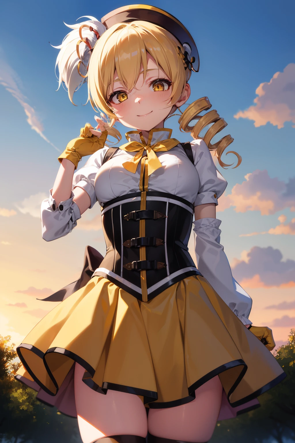 masutepiece, Best Quality, 1girl in, (Mami Tomoe), Blonde hair, Drill Hair, twin drills, (Yellow eyes:1.2), Brown gloves, corsets, Detached sleeves, Fingerless gloves, Smile, hat, magical girl, Puffy sleeves, striped thigh, Yellow skirt, coverd nippple, breasts, npclearly, clearly , Hidden Private, Partially visible crotch, skyporn, evening, Sunset,、((Photo from below))