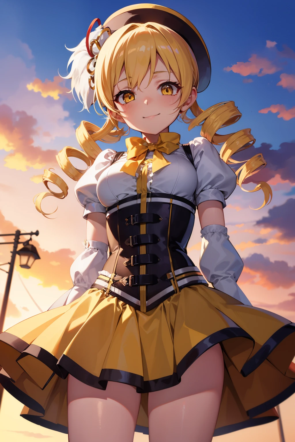 masutepiece, Best Quality, 1girl in, (Mami Tomoe), Blonde hair, Drill Hair, twin drills, (Yellow eyes:1.2), Brown gloves, corsets, Detached sleeves, Fingerless gloves, Smile, hat, magical little girl, Puffy sleeves, striped thigh, Yellow skirt, coverd nippple, breasts, npclearly, clearly , Hidden Private, Partially visible crotch, skyporn, evening, Sunset,、((Photo from below))