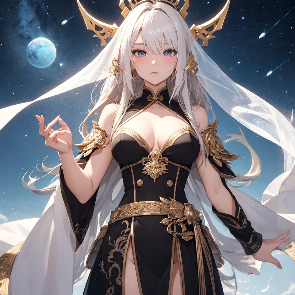 tmasterpiece, Best quality at best, kosmos, One guy, Chinese big breasts, White hair, 黑The eye, 黑The eye, Split ends of hair, hairy, hairy, hairy, hairy, hairy, male people, Serious, Mild, tall, dispassionate, white silk veil, Gold pattern, Dragon pattern, prinz, kosmos, Holy