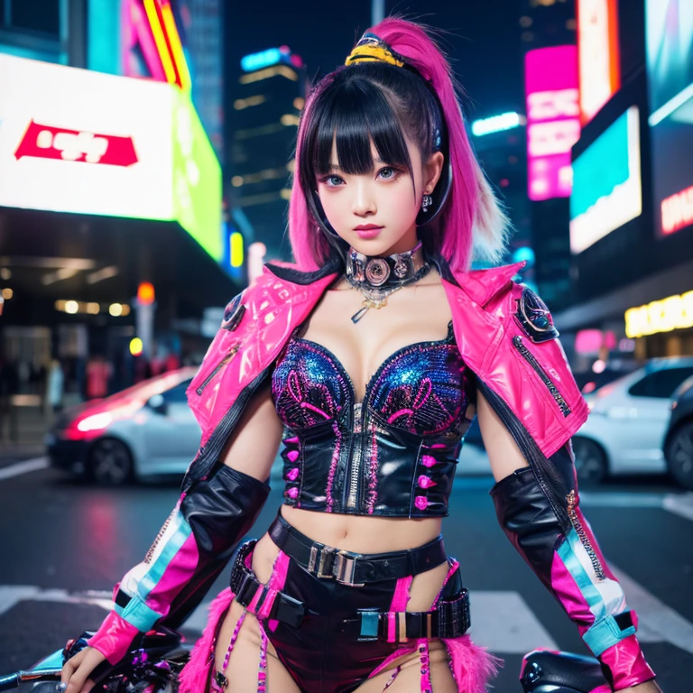 masterpiece, best quality, Confident cyberpunk girl, full body shot, ((standing in front of motorcycle)), Harajuku-inspired pop outfit, bold colors and patterns, eye-catching accessories, trendy and innovative hairstyle, vibrant makeup, Cyberpunk dazzling cityscape, skyscrapers, neon signs, LED lights, bright and vivid color scheme, anime, illustration, detailed skin texture, detailed cloth texture, beautiful detailed face, intricate details, ultra detailed.