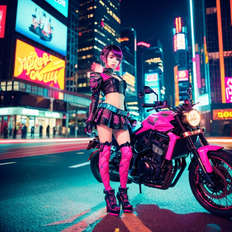 masterpiece, best quality, Confident cyberpunk girl, full body shot, ((standing in front of motorcycle)), Harajuku-inspired pop outfit, bold colors and patterns, eye-catching accessories, trendy and innovative hairstyle, vibrant makeup, Cyberpunk dazzling cityscape, skyscrapers, neon signs, LED lights, bright and vivid color scheme, anime, illustration, detailed skin texture, detailed cloth texture, beautiful detailed face, intricate details, ultra detailed.