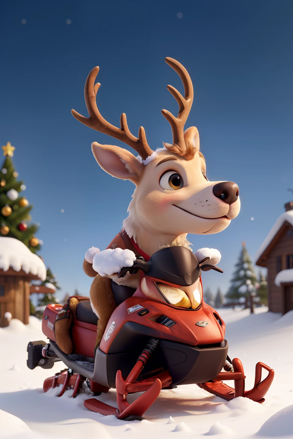 ((Best quality at best)), ((tmasterpiece)), (Detailed pubic hair), A perfect 45-degree side view of the face. A sturdy reindeer with an inverted triangle shape wearing a Christmas costume rides a snowmobile.